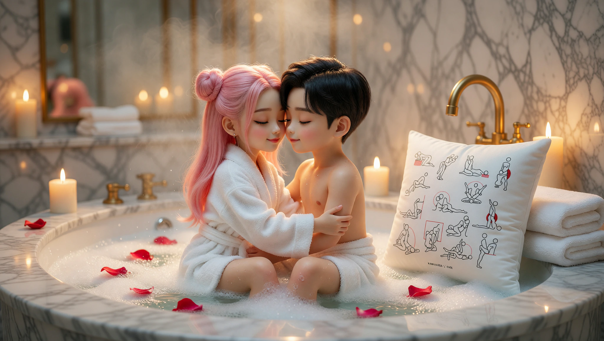 Romantic couple, man and woman, sharing a sensual spa Kama Sutra Lotus embrace in a candlelit bathtub.