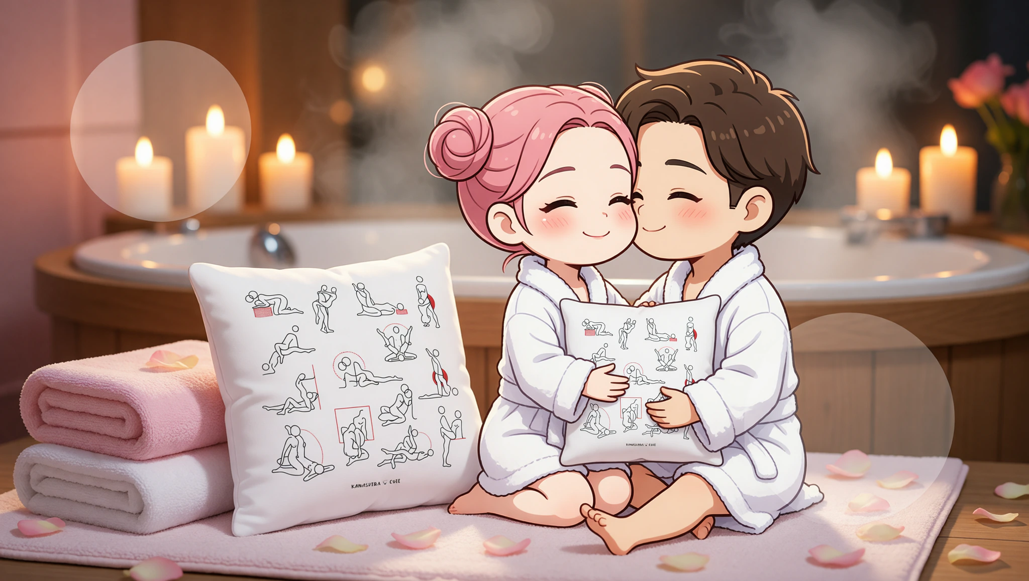 A man and woman sharing an intimate seated face-to-face Kama Sutra pose in a relaxing home spa environment.