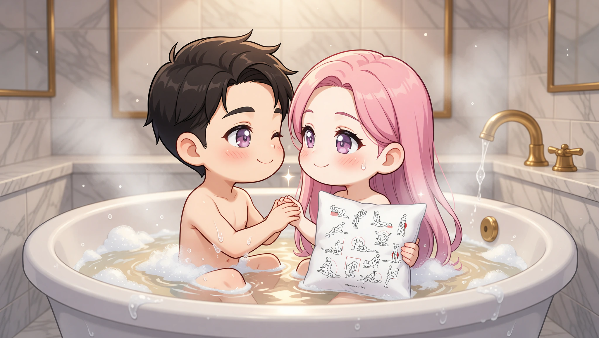 Couple in home spa tub position with water around them