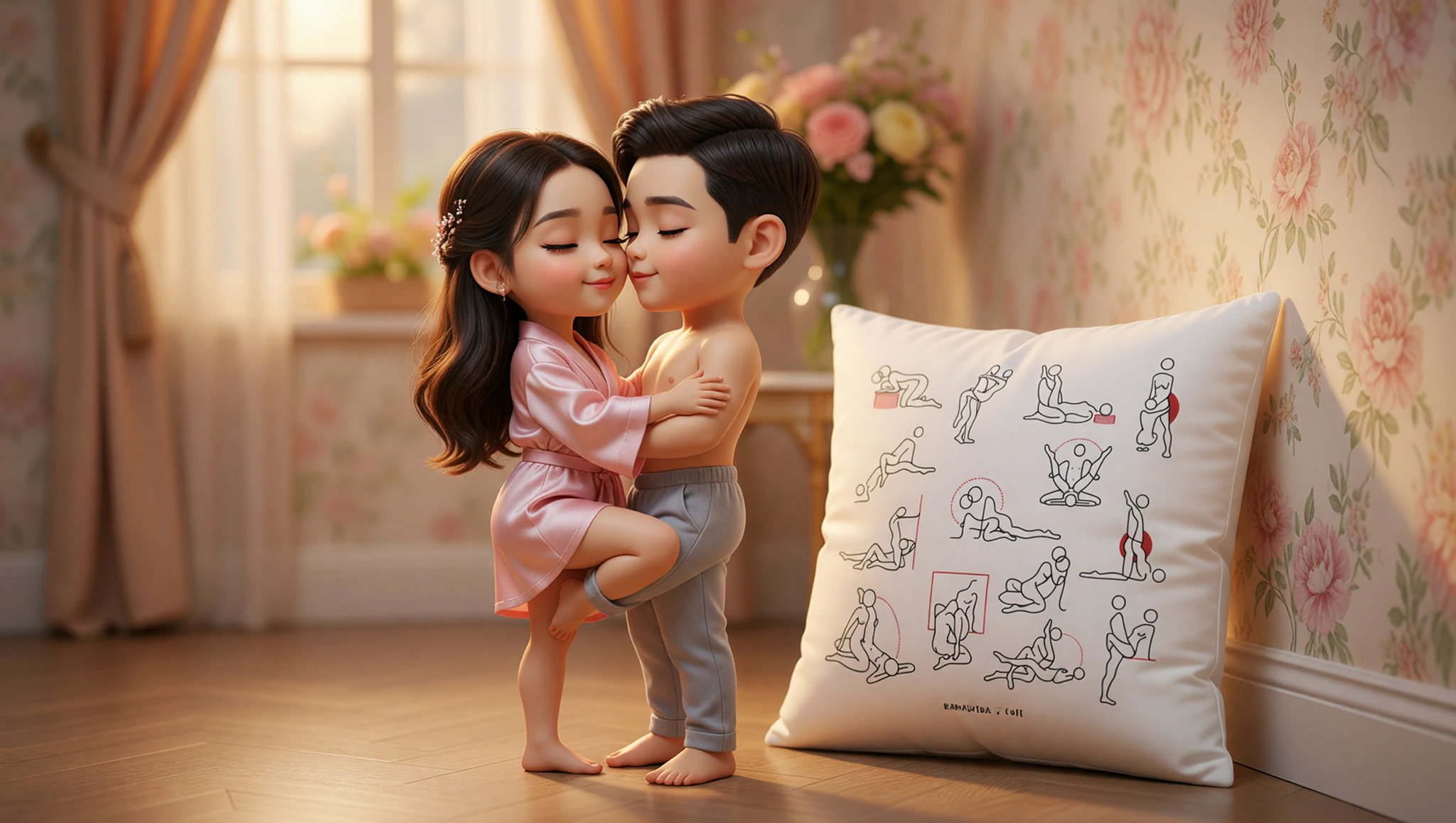 A man and woman locked in a spontaneous wall lotus Kama Sutra twist, radiating passion and adventure.