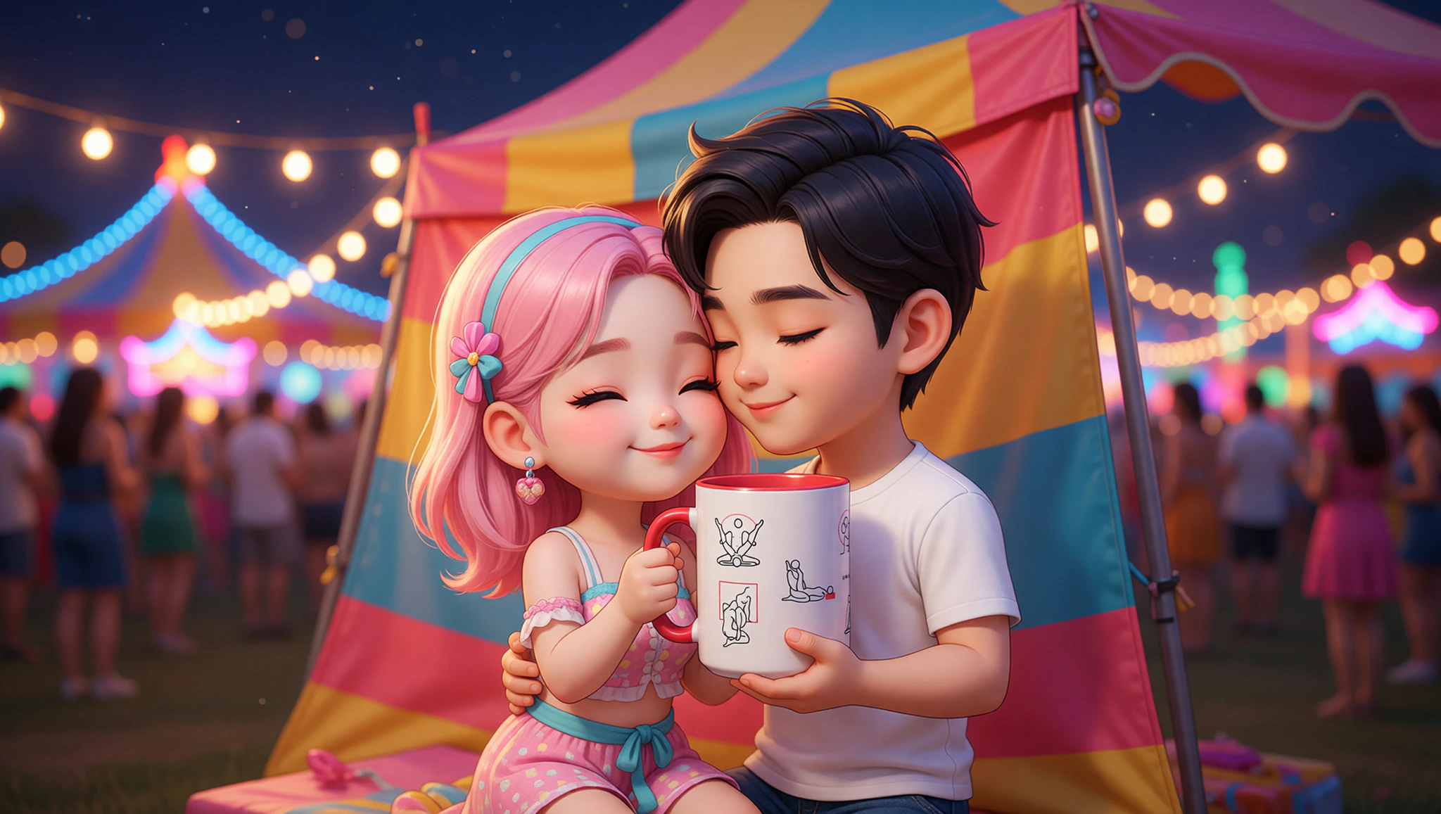 Heterosexual couple stealing a steamy Kama Sutra moment amid the lights of a lively travel festival.