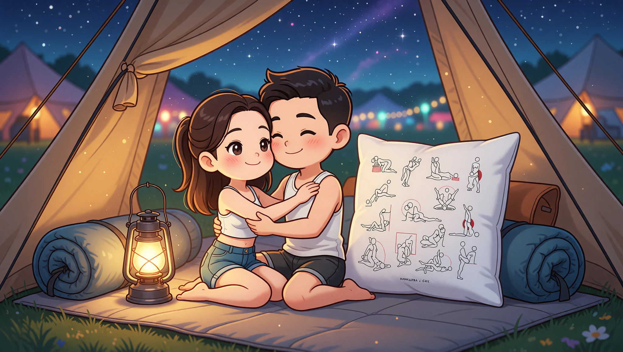 Man and woman in close spooning position inside a cozy festival tent under soft lantern light.