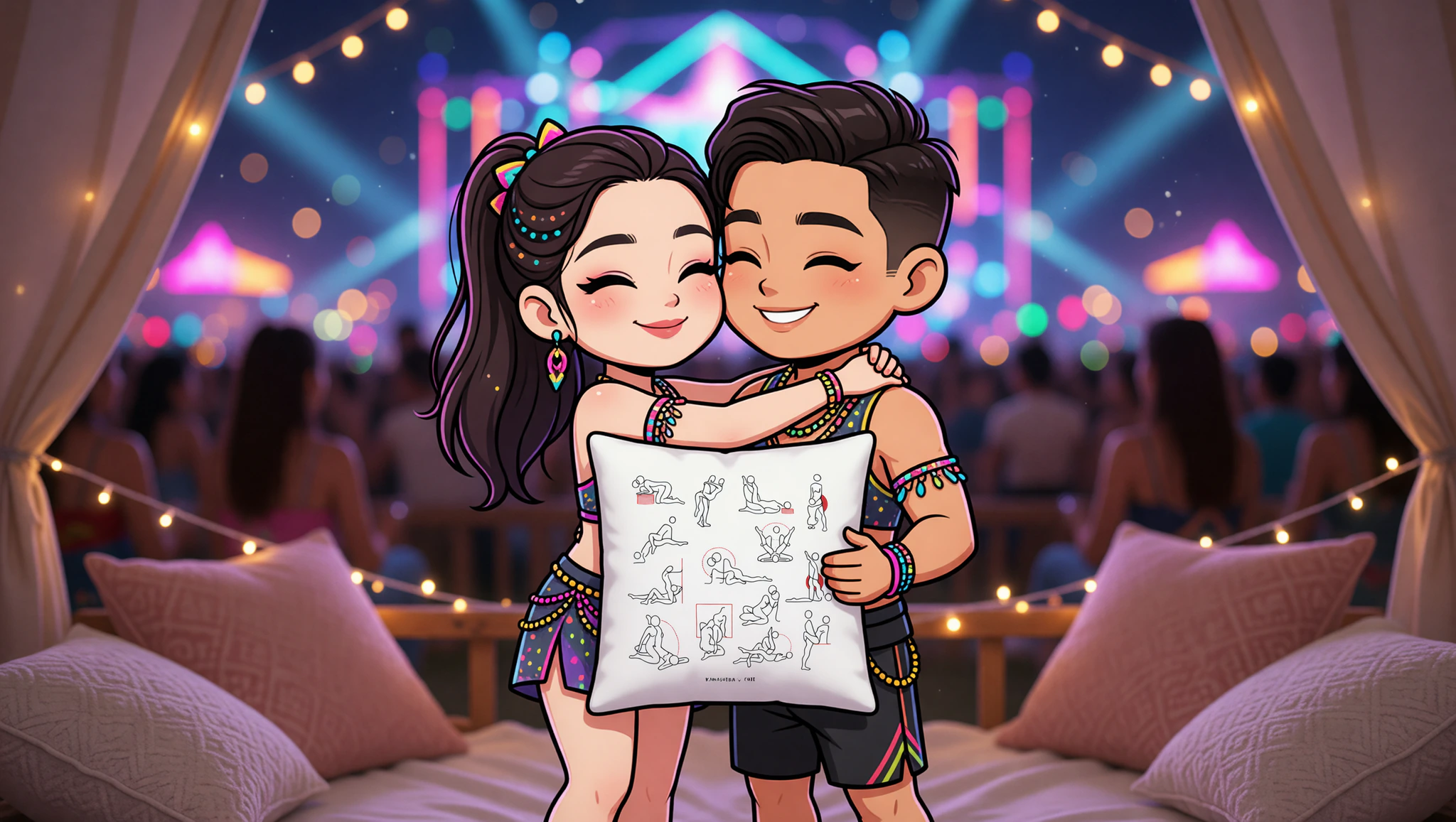 A man and woman couple sharing a flirty Kama Sutra standing pose amid a lively travel festival's glowing lights.