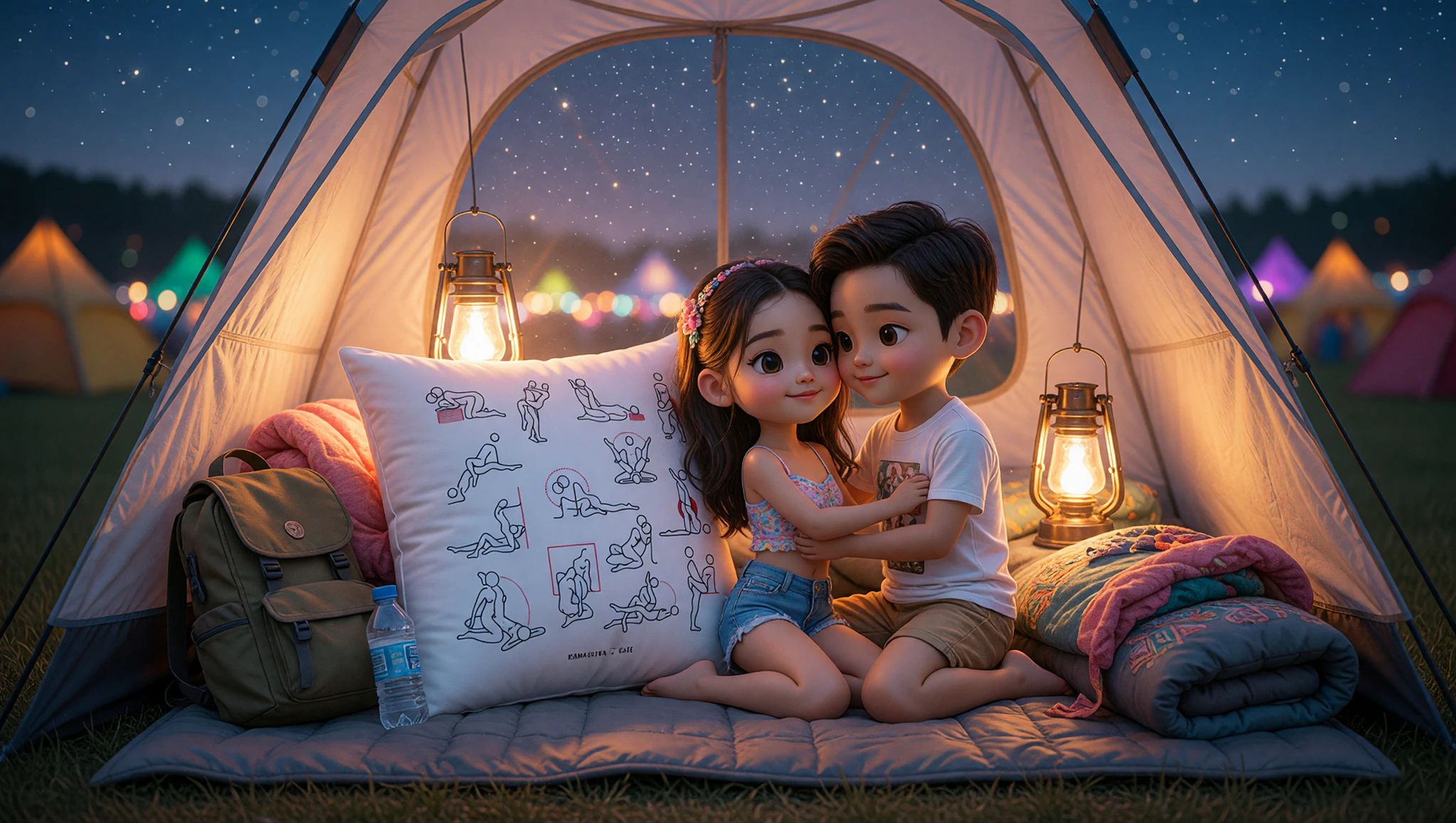 Heterosexual couple passionately exploring a Kama Sutra position in a starlit festival tent.