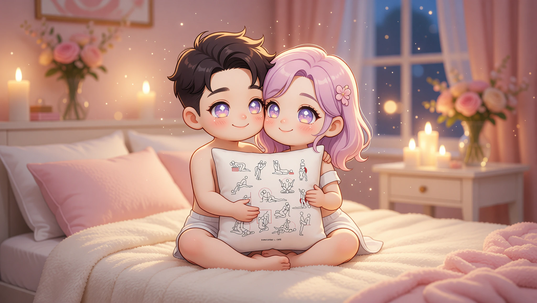 A man and woman locked in an intimate Lotus Kama Sutra embrace under bedroom glow.