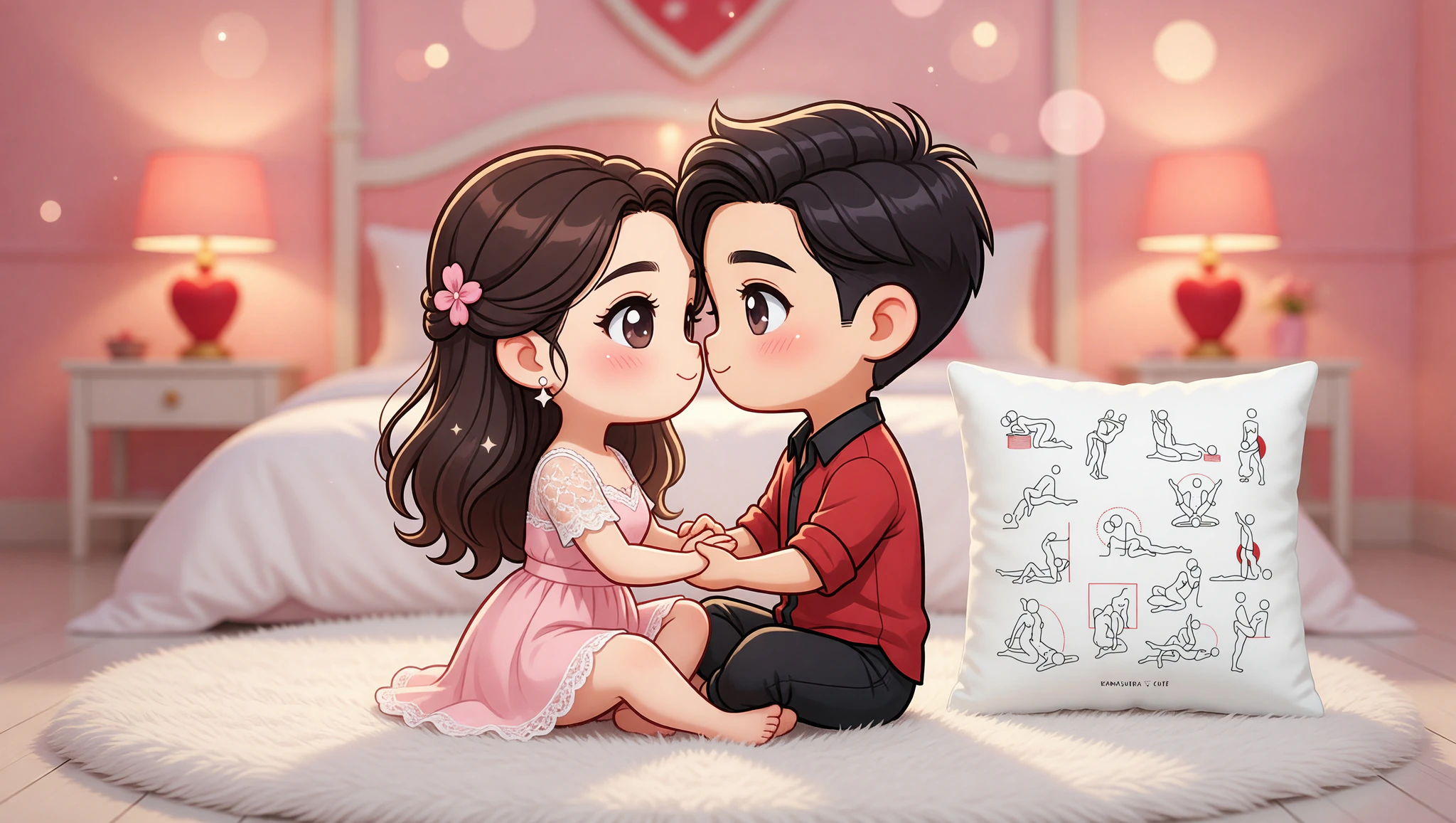 A man and woman in a tender Kama Sutra lotus embrace, eyes locked in passionate connection.