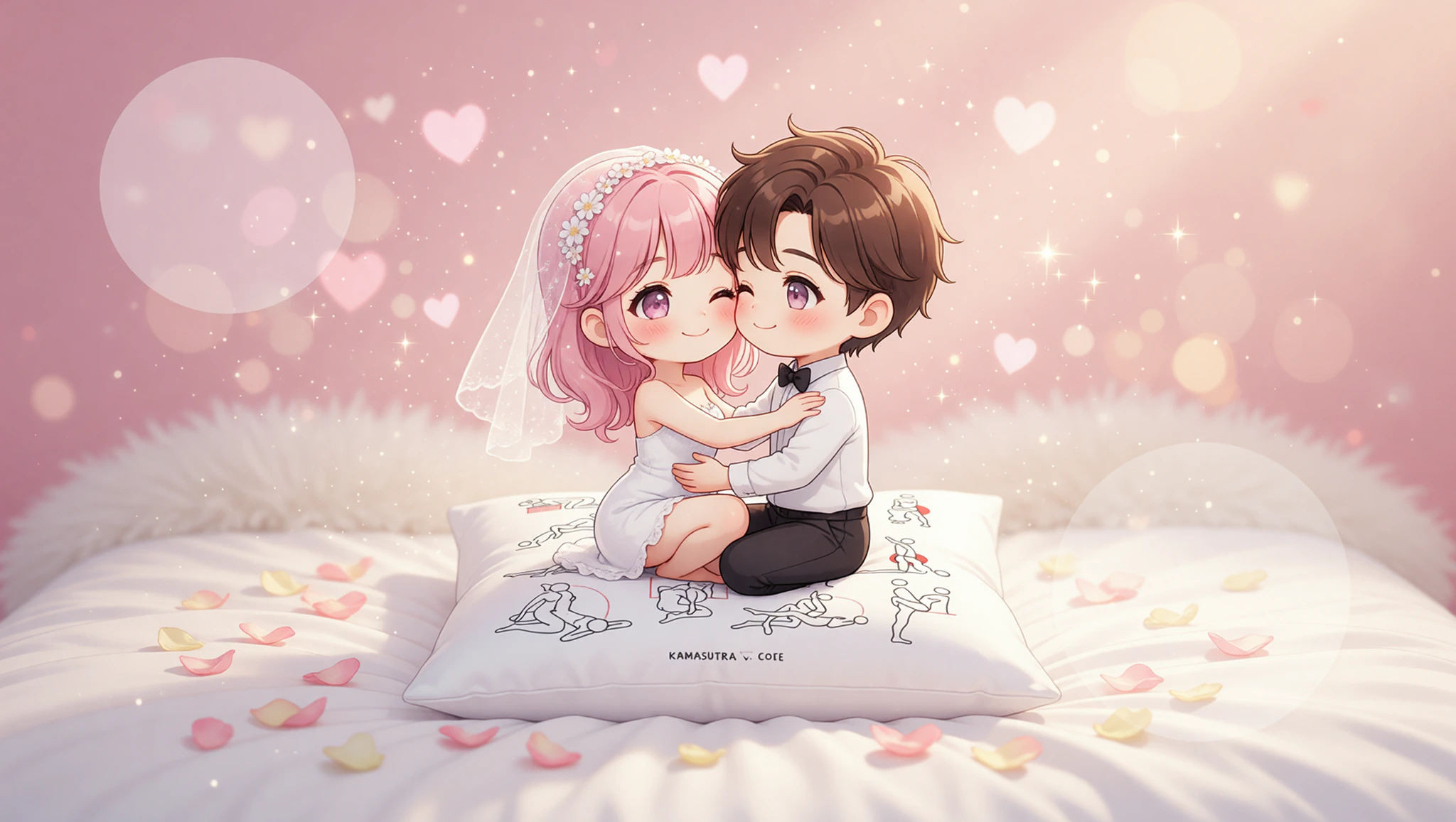 Newlywed couple embracing in the intimate Lotus Kama Sutra position on a cozy bed.