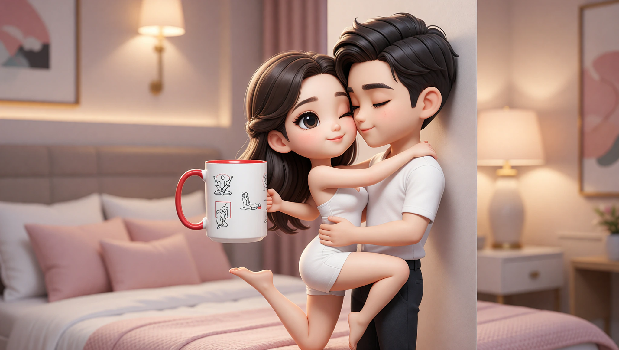 A man and woman couple locked in a spontaneous Kama Sutra standing pulse, radiating wild passion.