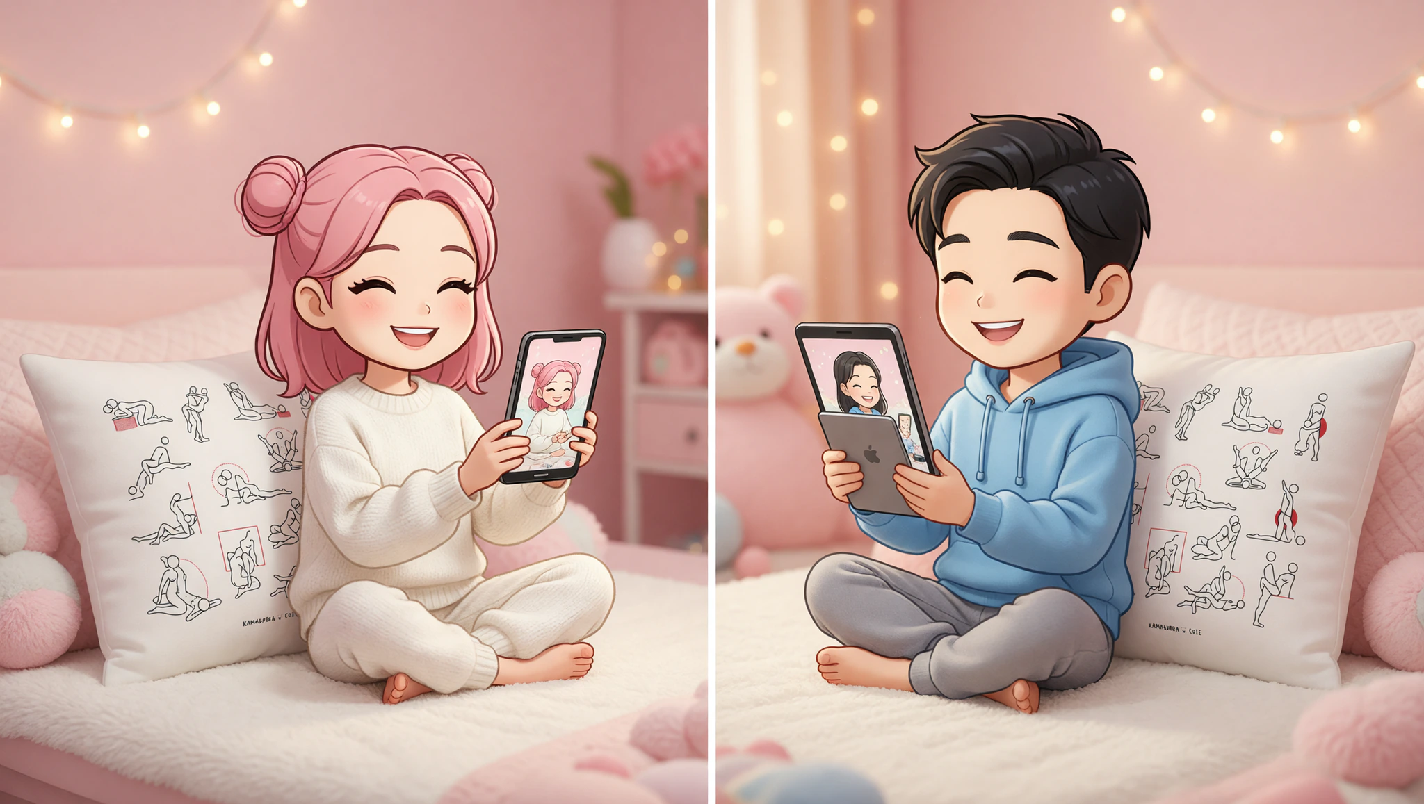 A man and woman on a video call screen, sitting in lotus positions with pillows, gazing intimately at each other.