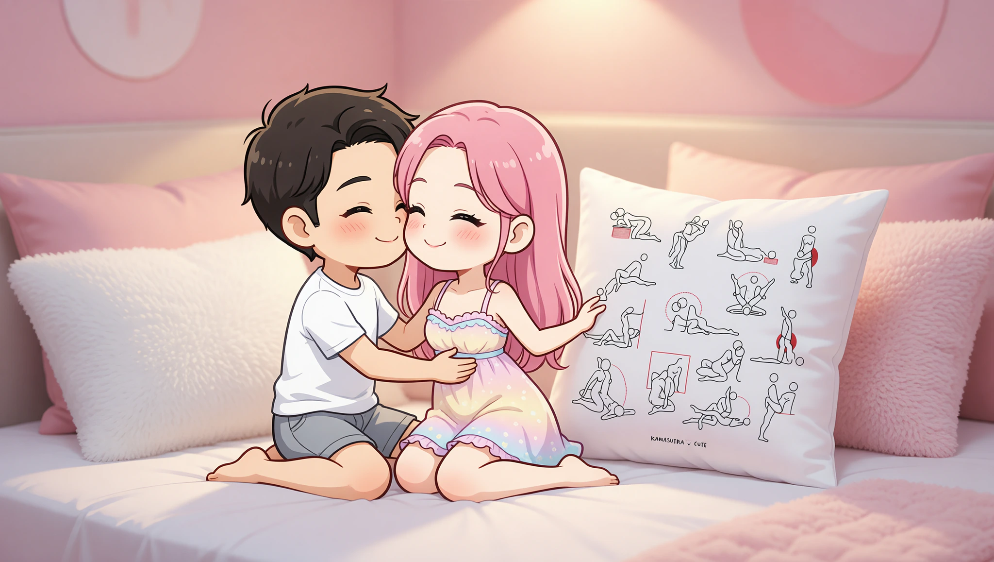 A man and woman sharing a close, flirty embrace on a bed in soft lighting.