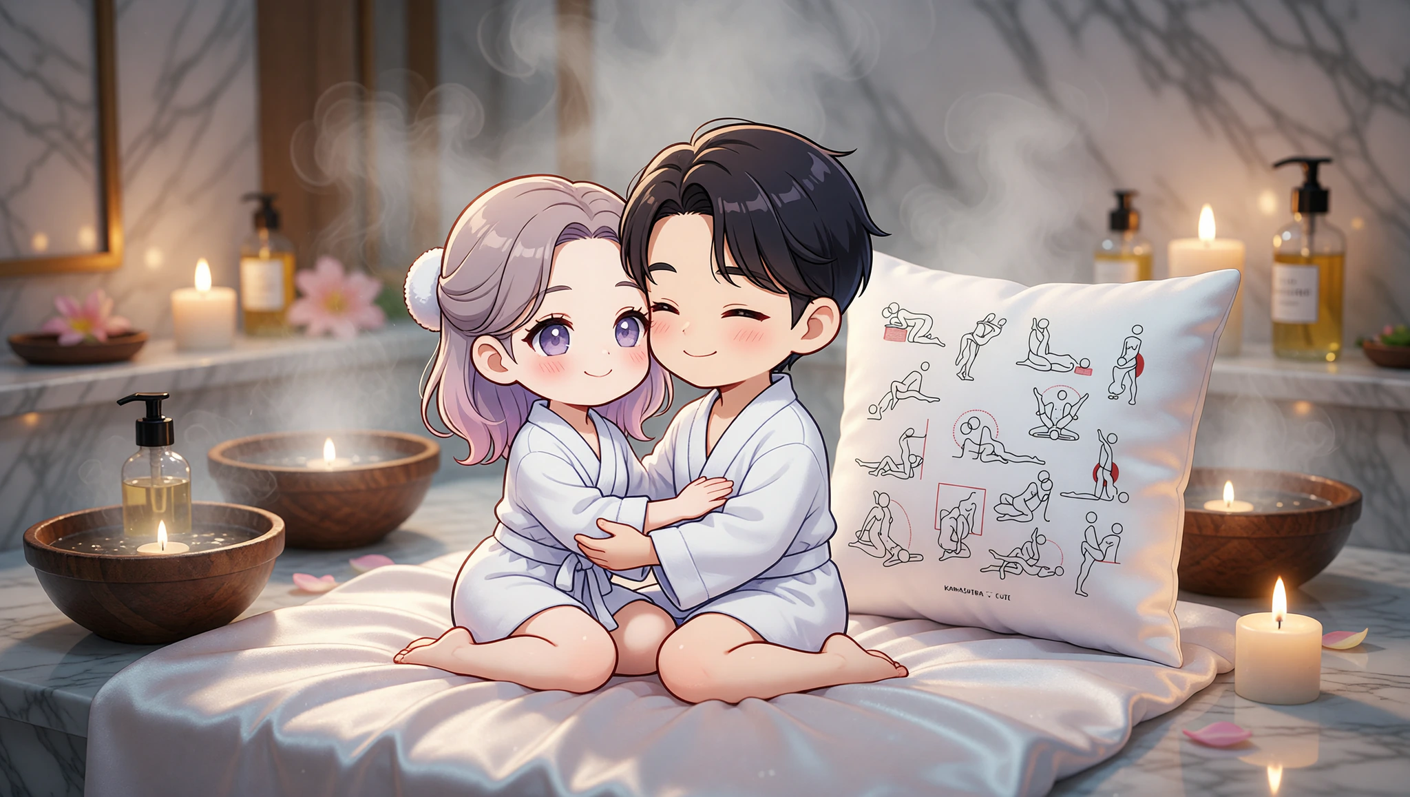 A man and woman locked in a passionate, oiled Lotus embrace amid a candlelit home spa sanctuary.