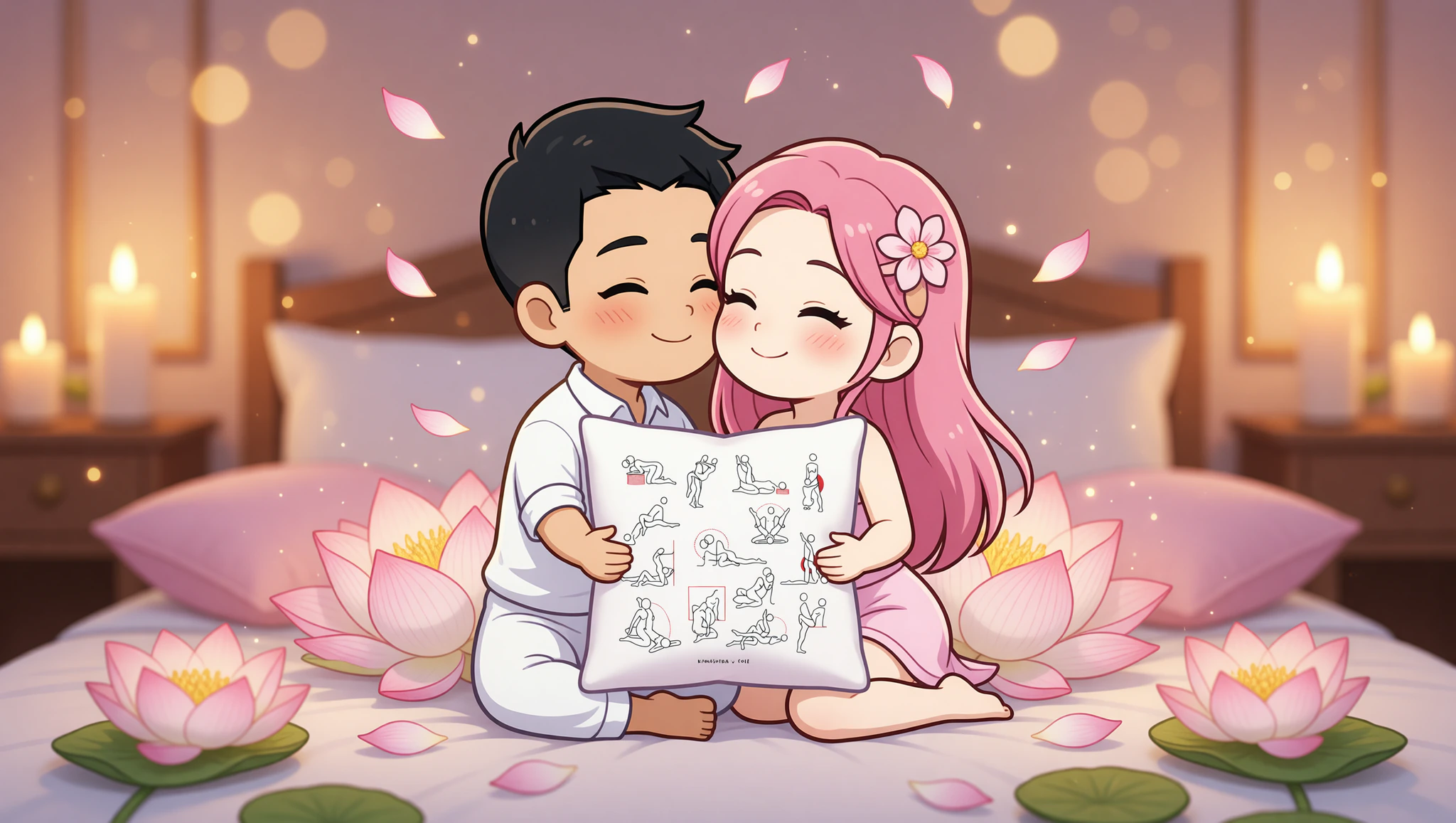 A man and woman in a loving Lotus position inspired by Kama Sutra, surrounded by cozy pillows.