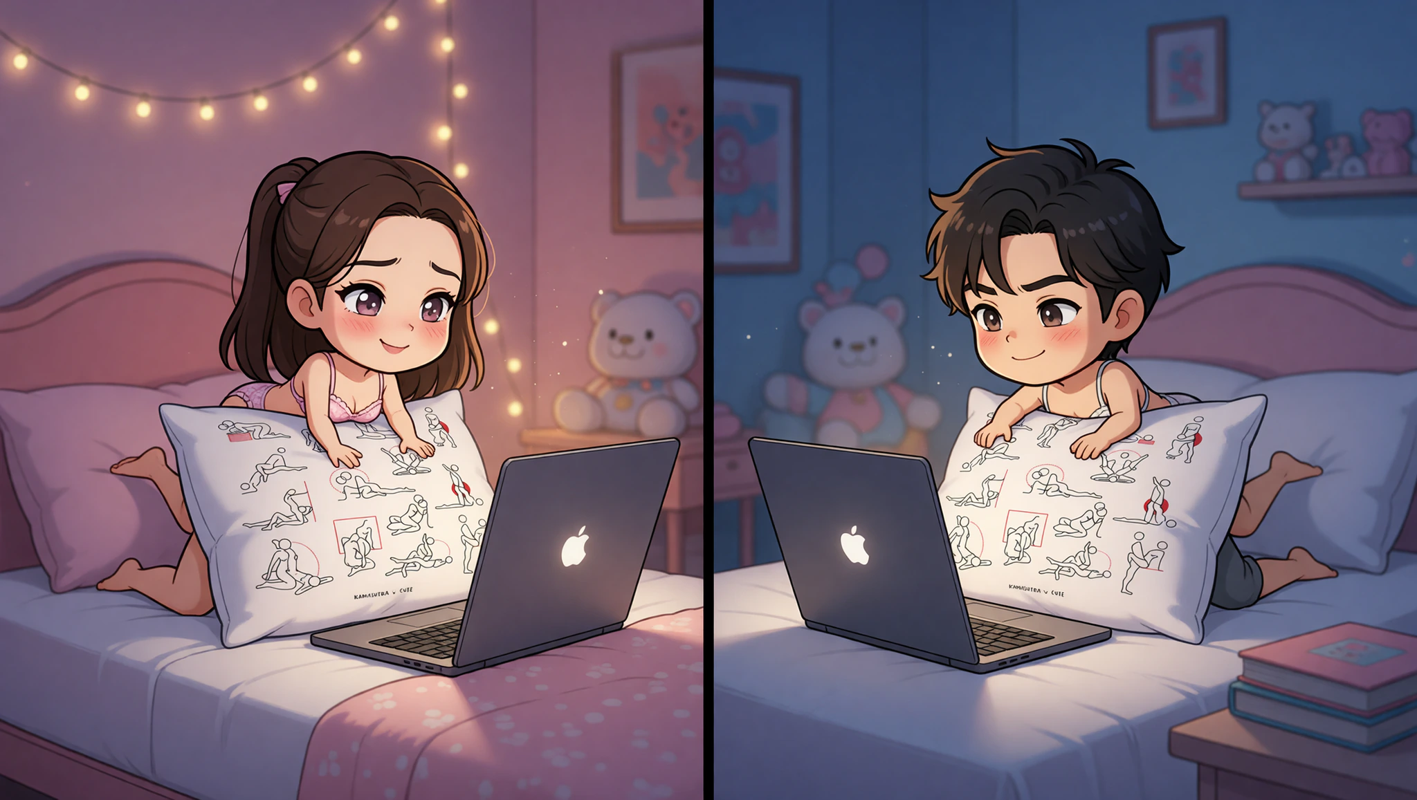 Long-distance man and woman passionately mimicking Kama Sutra cowgirl position during a steamy video call.