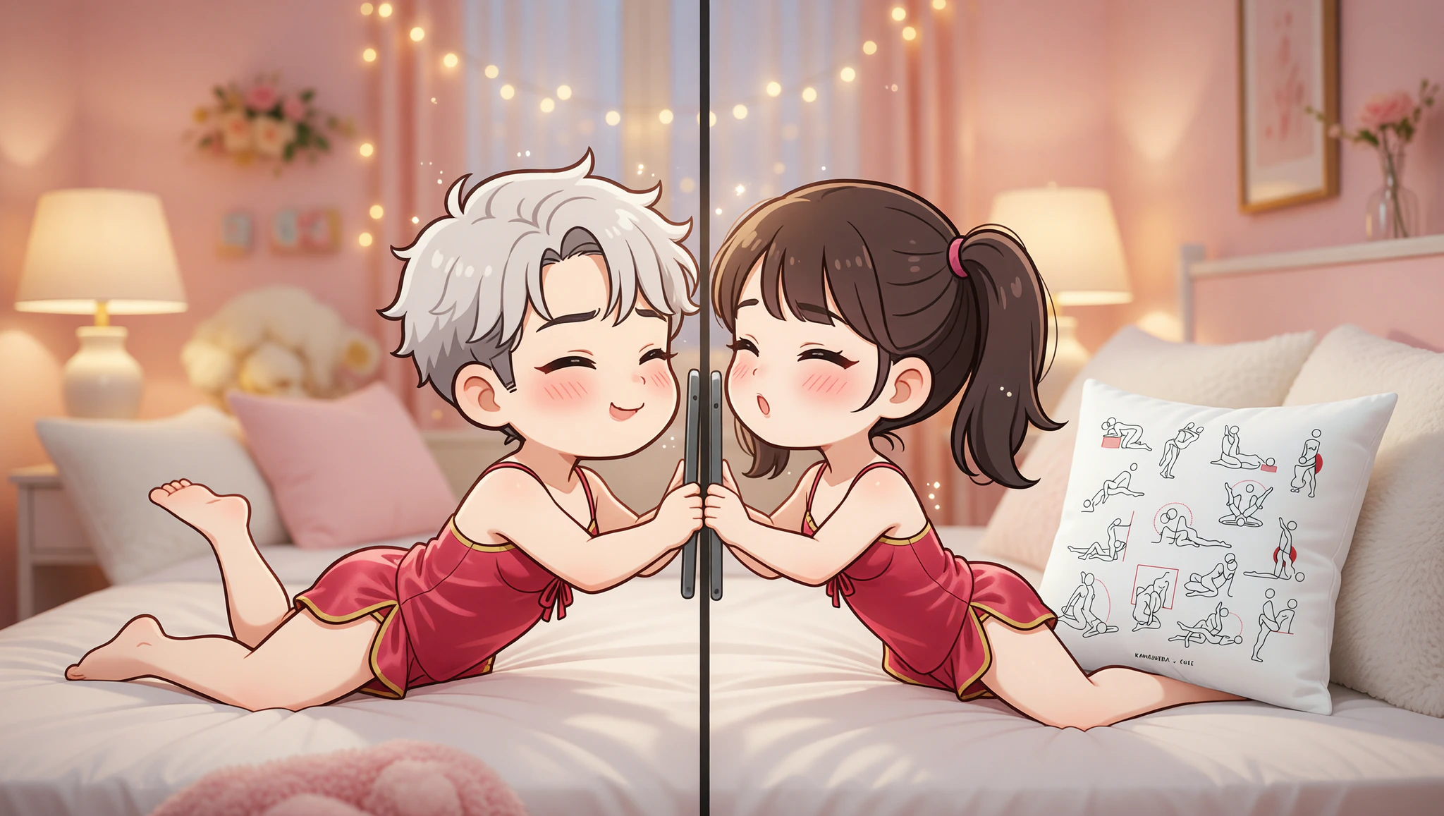 A man and woman virtually mirroring Kama Sutra poses during an intimate video call.