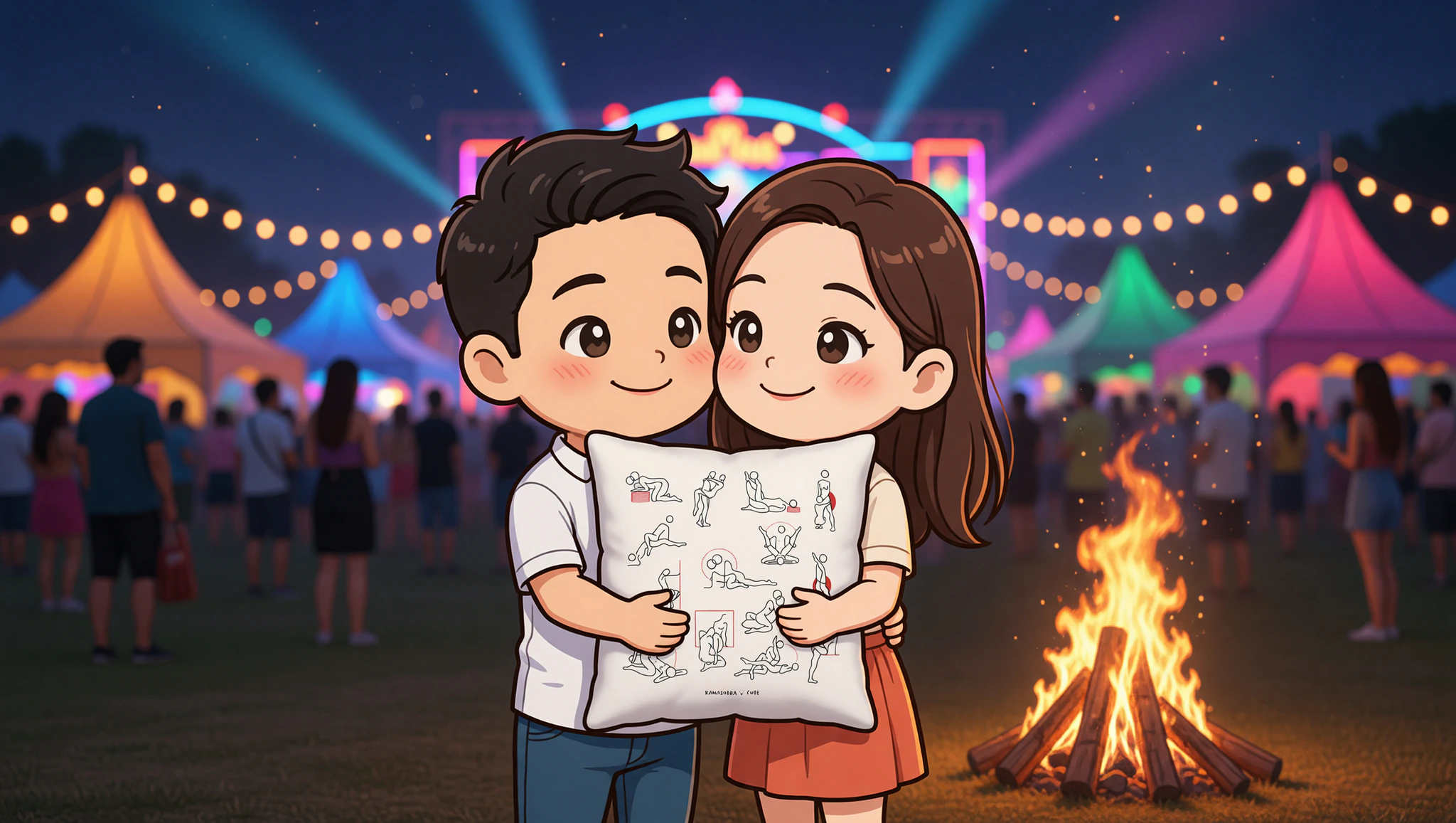 Man and woman in a close standing hug at a lively festival under night sky.