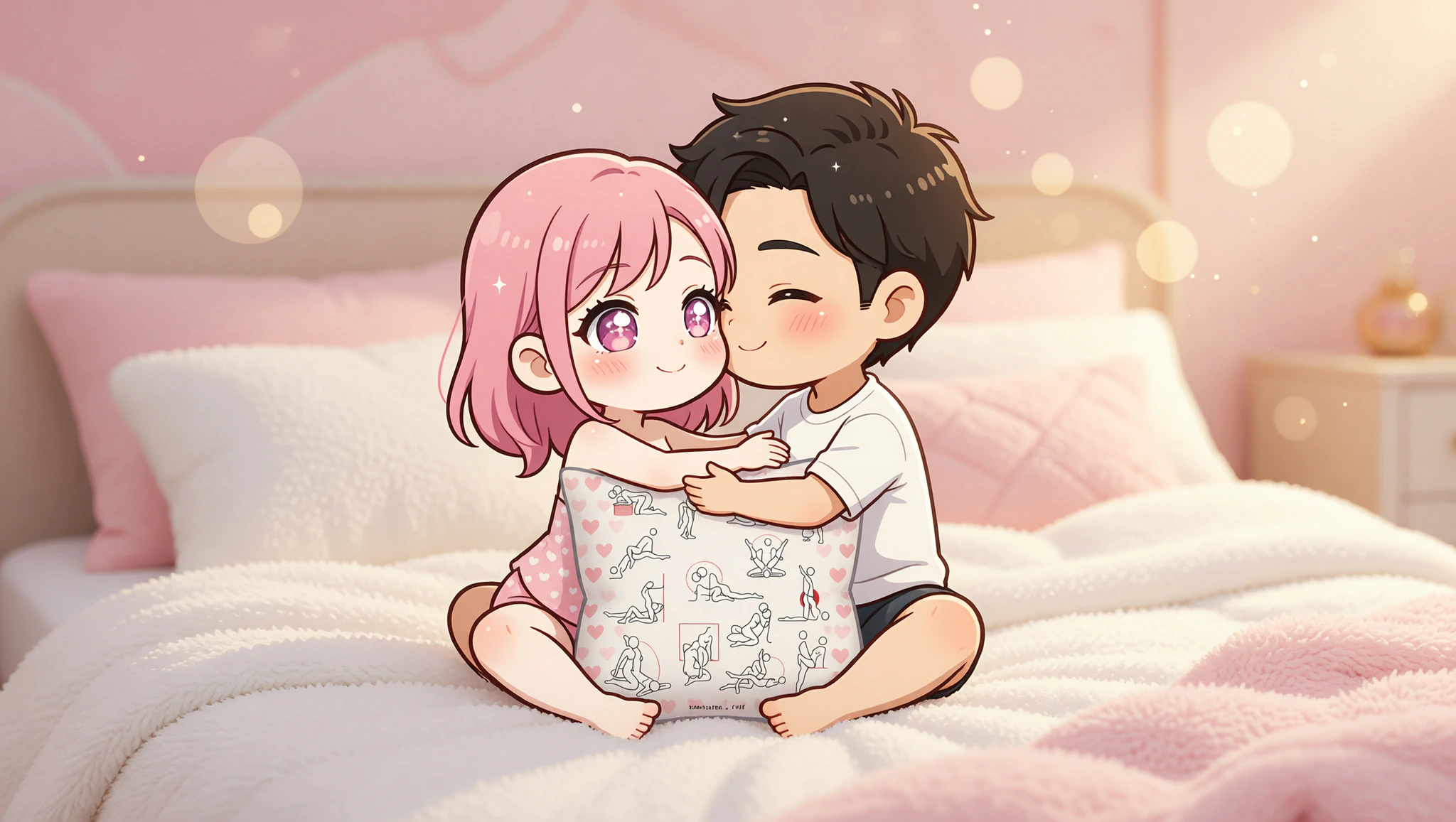 A man and woman locked in an intimate Kama Sutra lotus pose elevated by a supportive cute pillow for enhanced passion.