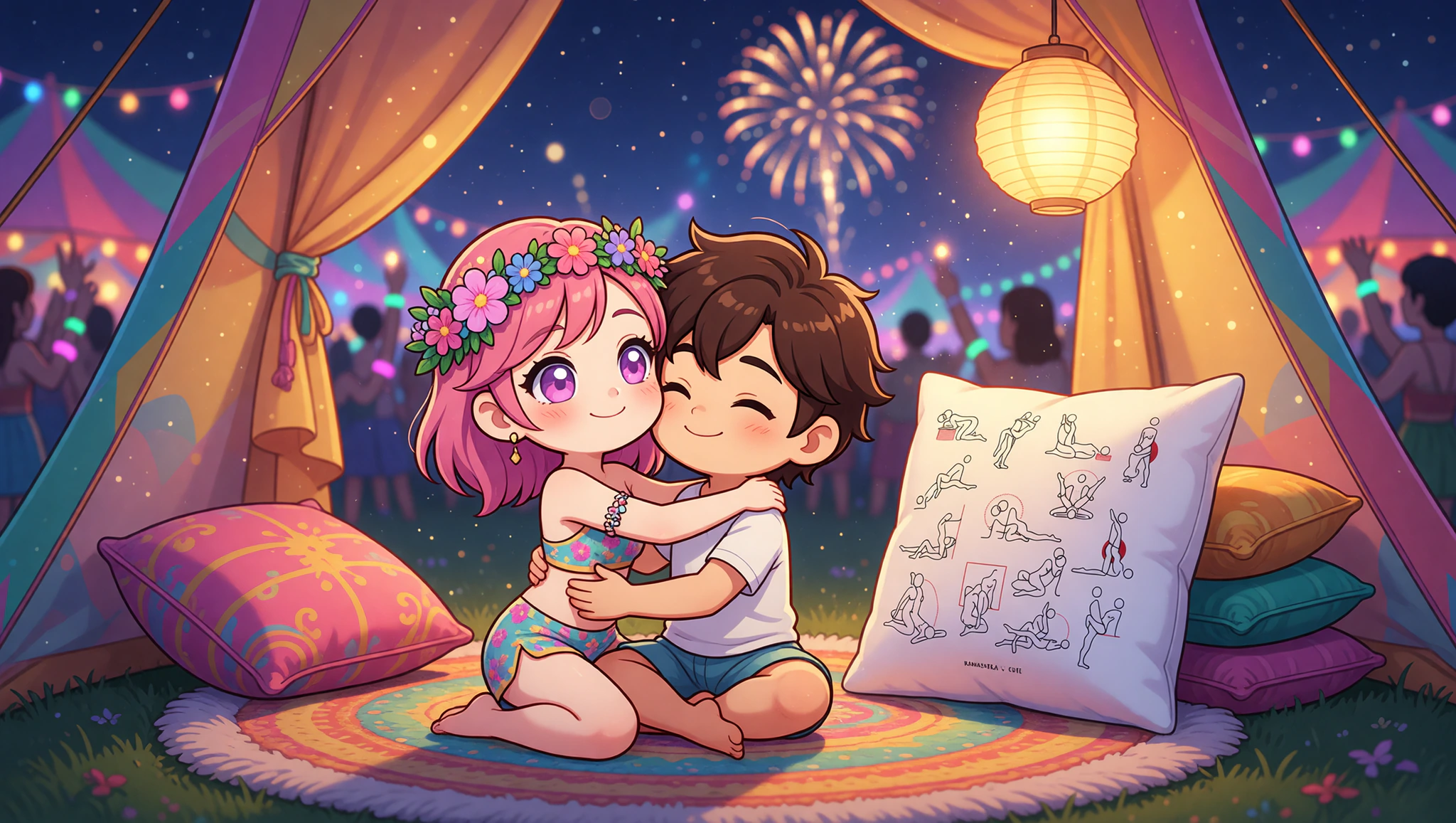 Heterosexual couple embracing intimately in a festival tent, inspired by Kama Sutra lotus pose.