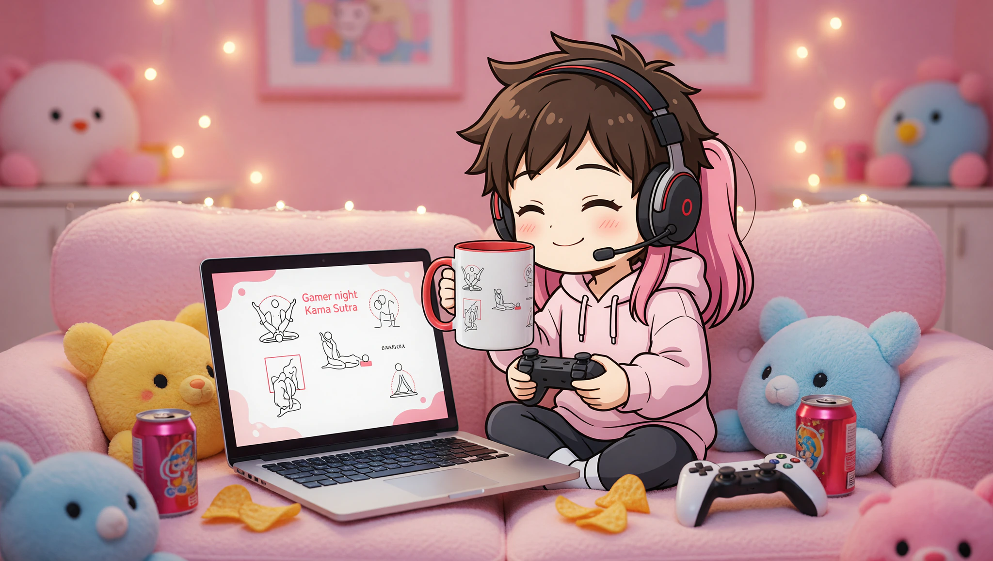 Couple watches Kama Sutra video together during gamer night on couch.