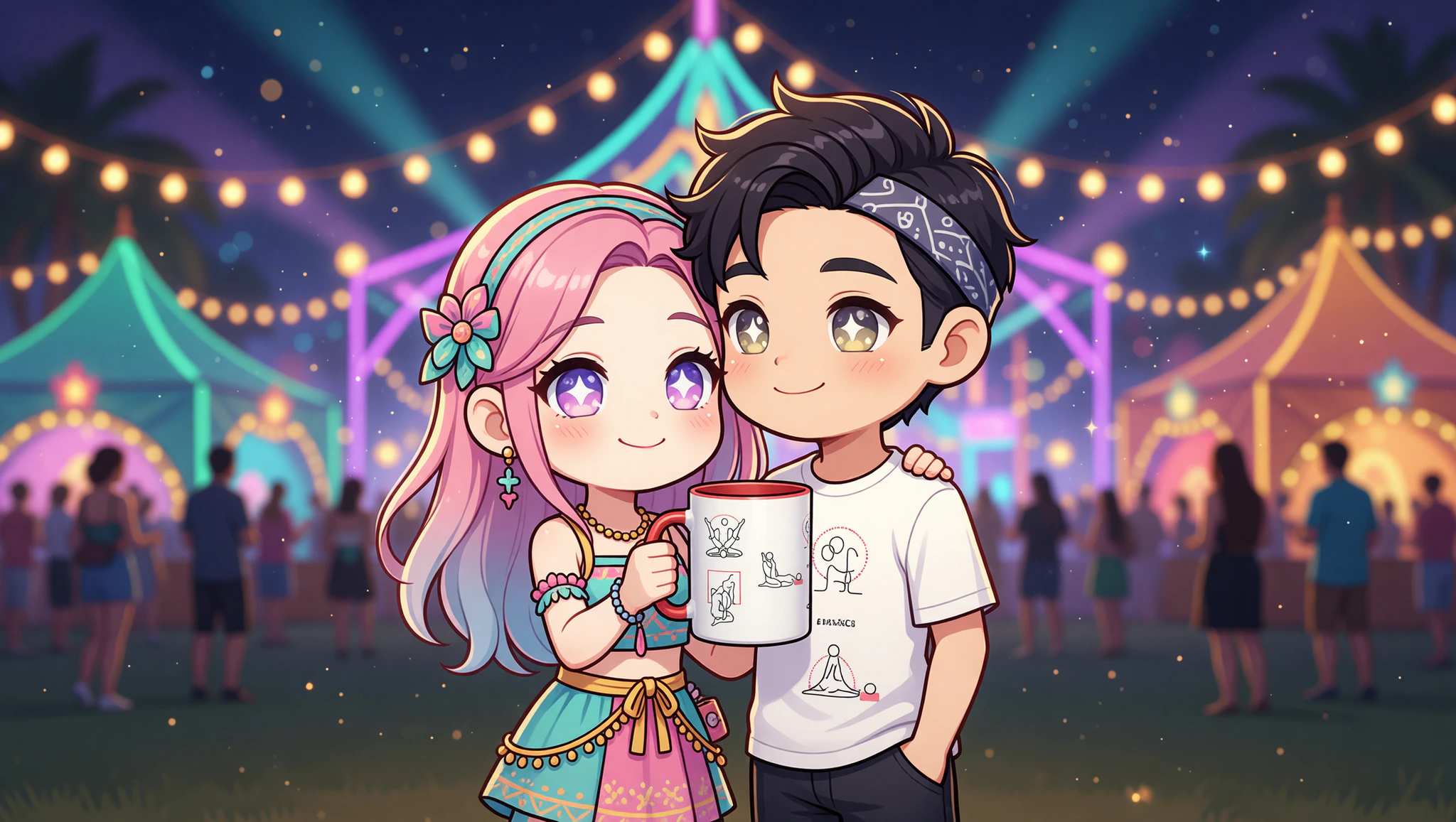 Couple sharing an intimate moment at a lively travel festival under night lights.