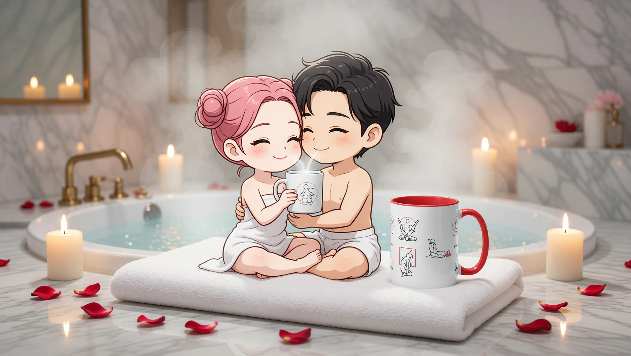 Man and woman couple unwinding passionately in a spa-inspired Kama Sutra lotus embrace amid steam and candles.