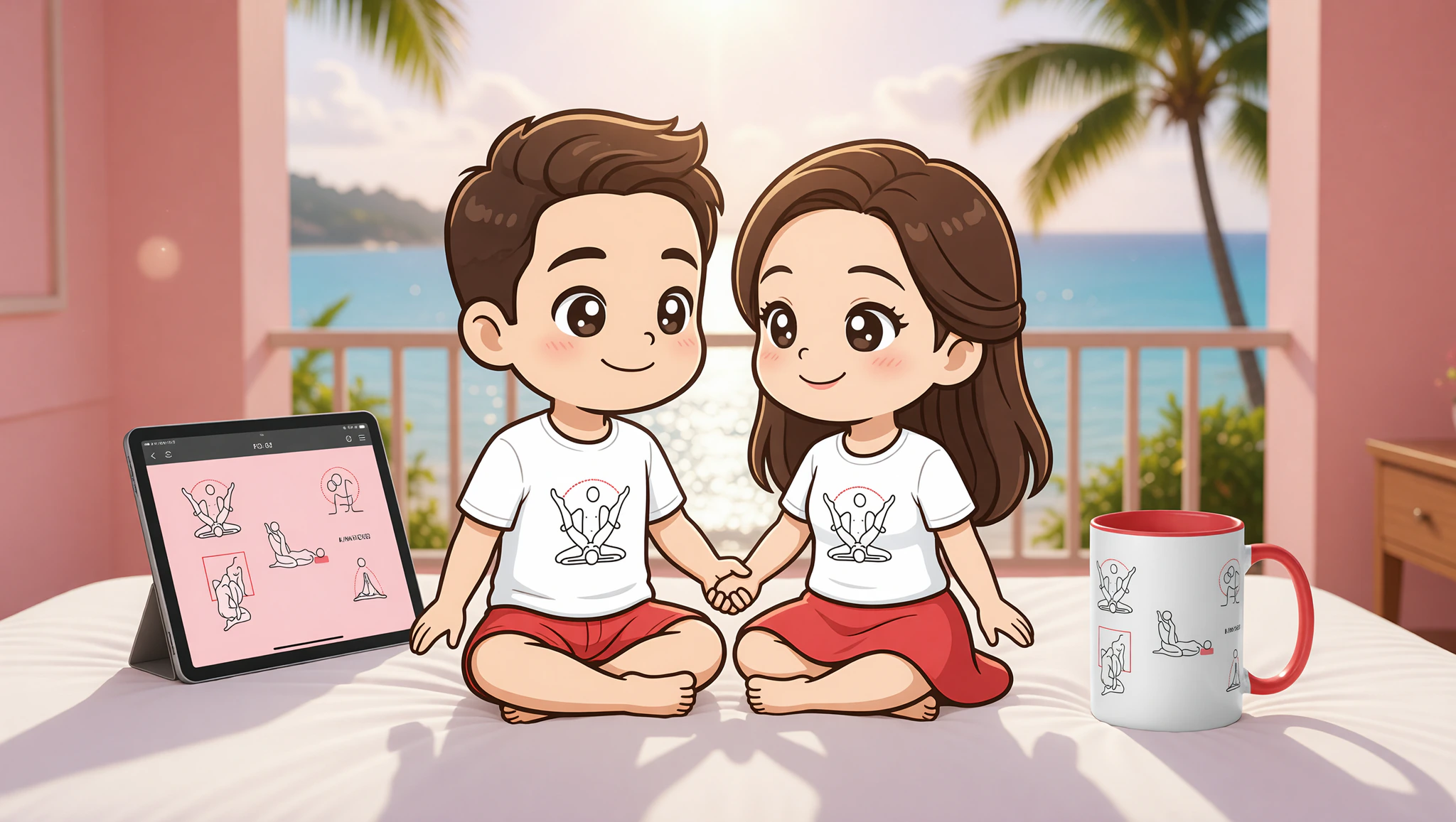 Newlywed man and woman in Kama Sutra Lotus position watching video on honeymoon bed.