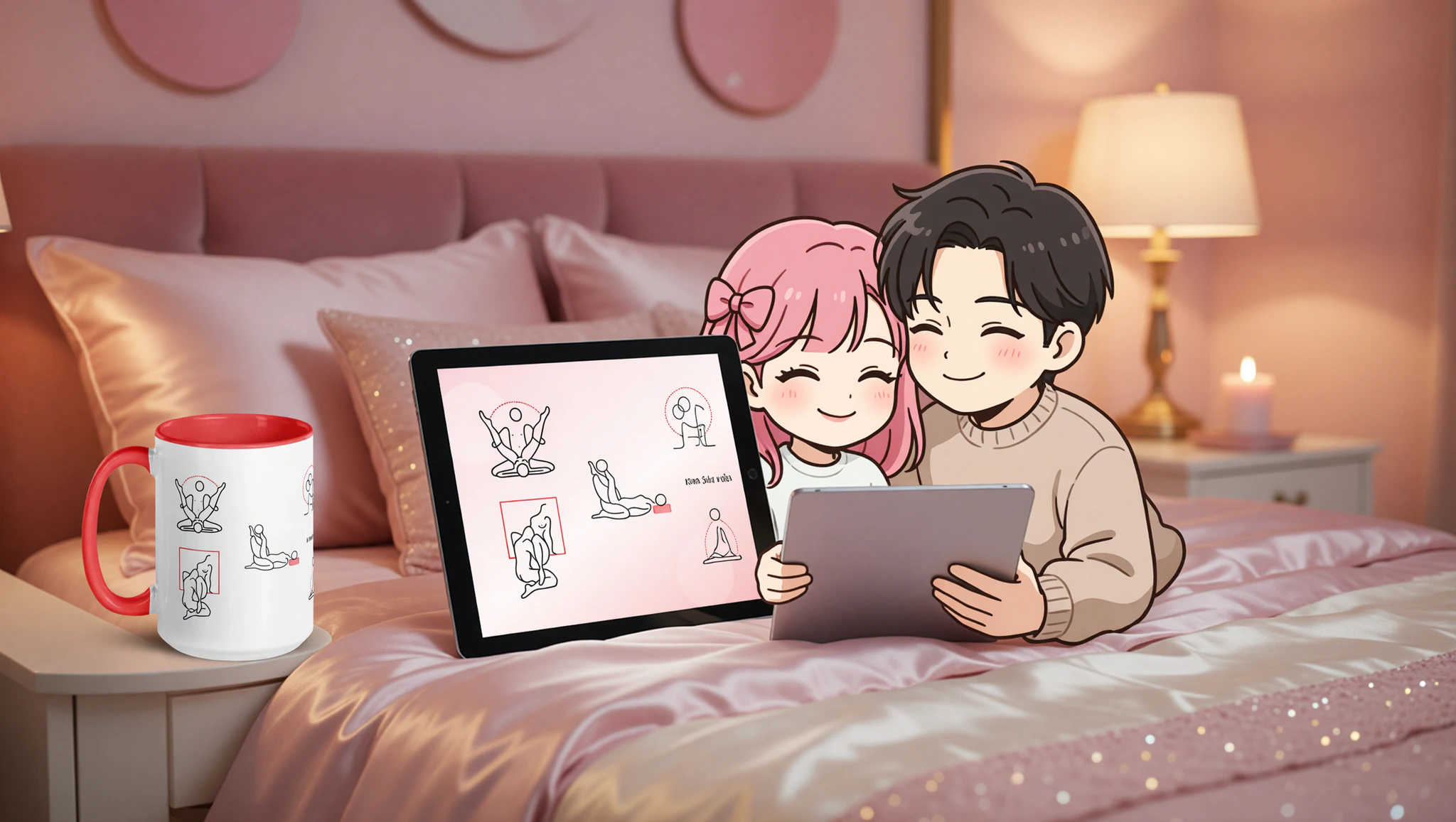 A man and woman lie close in a posh bed watching a Kama Sutra video on a tablet.