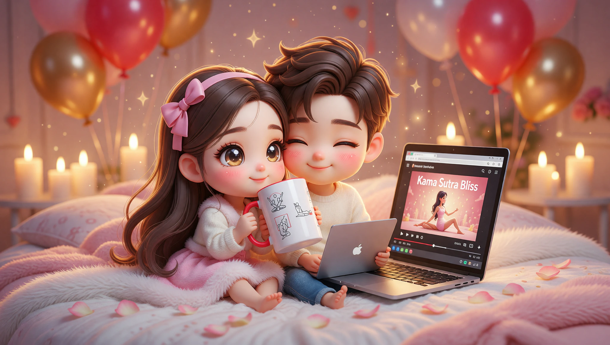 A loving couple shares anniversary Kama Sutra video bliss on their candlelit bed.