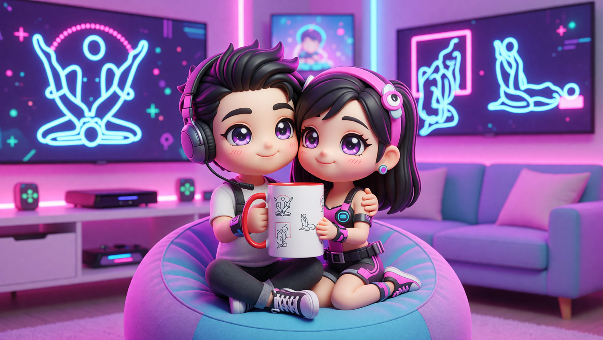 Excited gamer couple leveling up their intimacy with Kama Sutra inspired positions amid bedroom gaming setup.