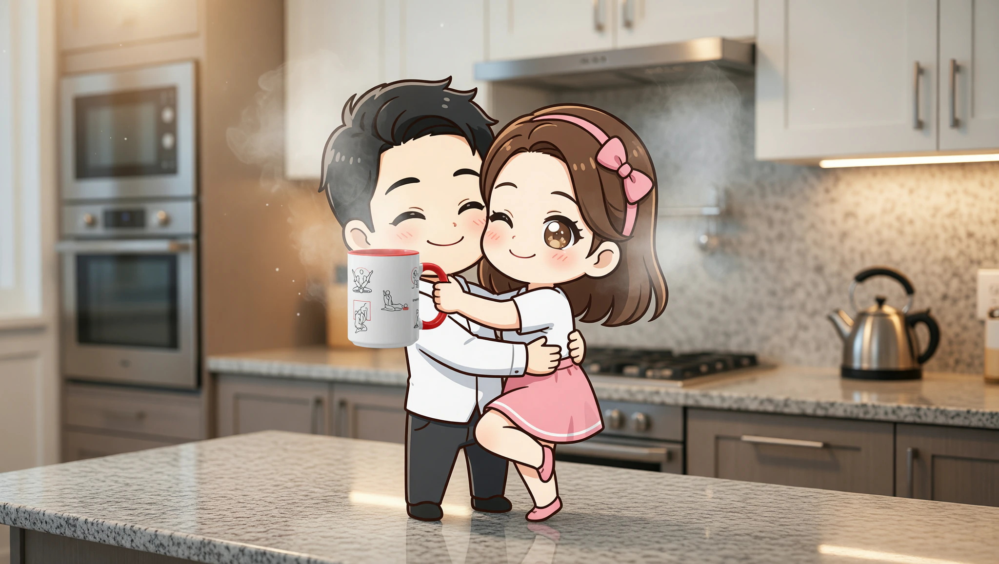 A man and woman locked in a flirty Kama Sutra-inspired pose on their kitchen counter.