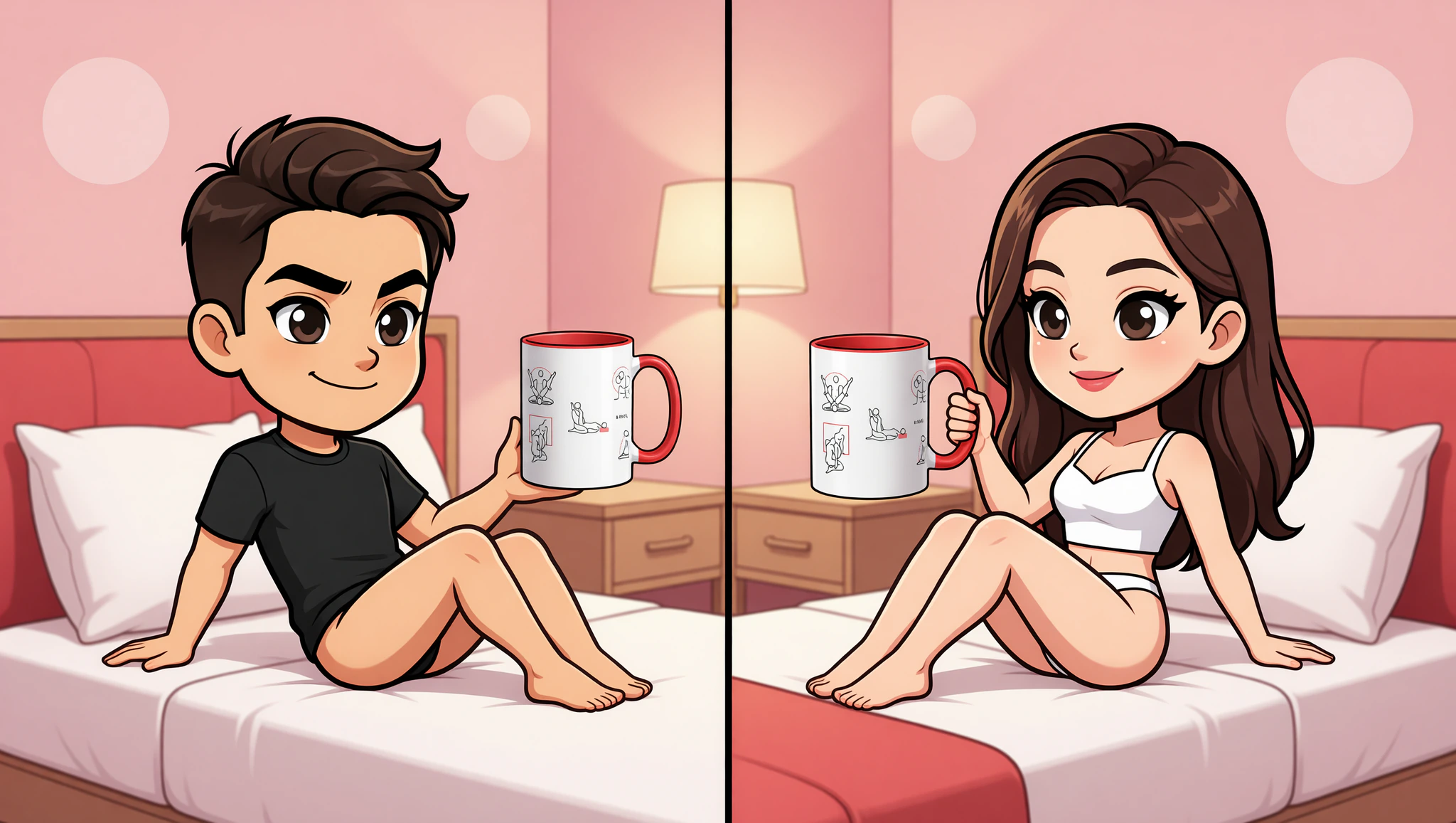 Long-distance couple passionately mimicking Kama Sutra positions during a steamy video call.