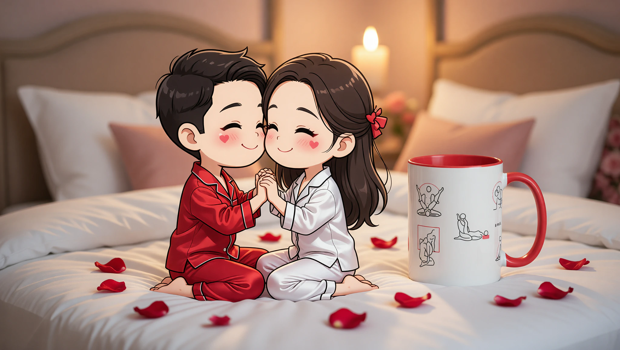 Newlywed couple intimately embracing in a Kama Sutra lotus pose on a candlelit bed.