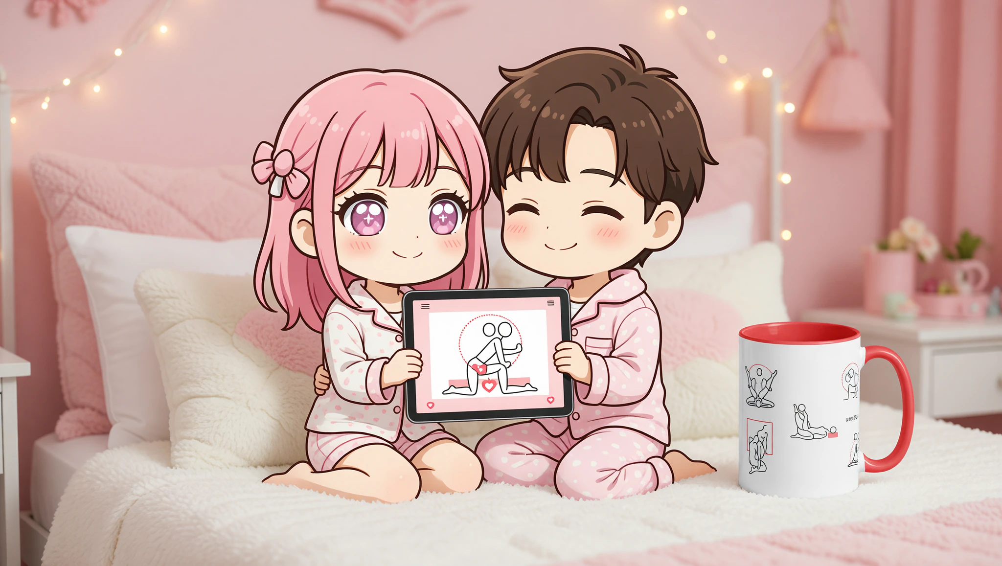 Man and woman on bed watching Kama Sutra video on tablet with flirty expressions.