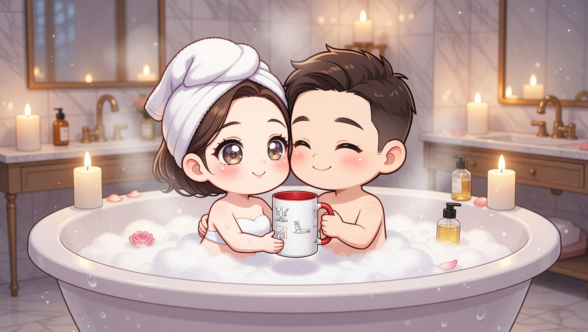 A man and woman couple share a glowing bubble bath embrace in a steamy home spa setting.