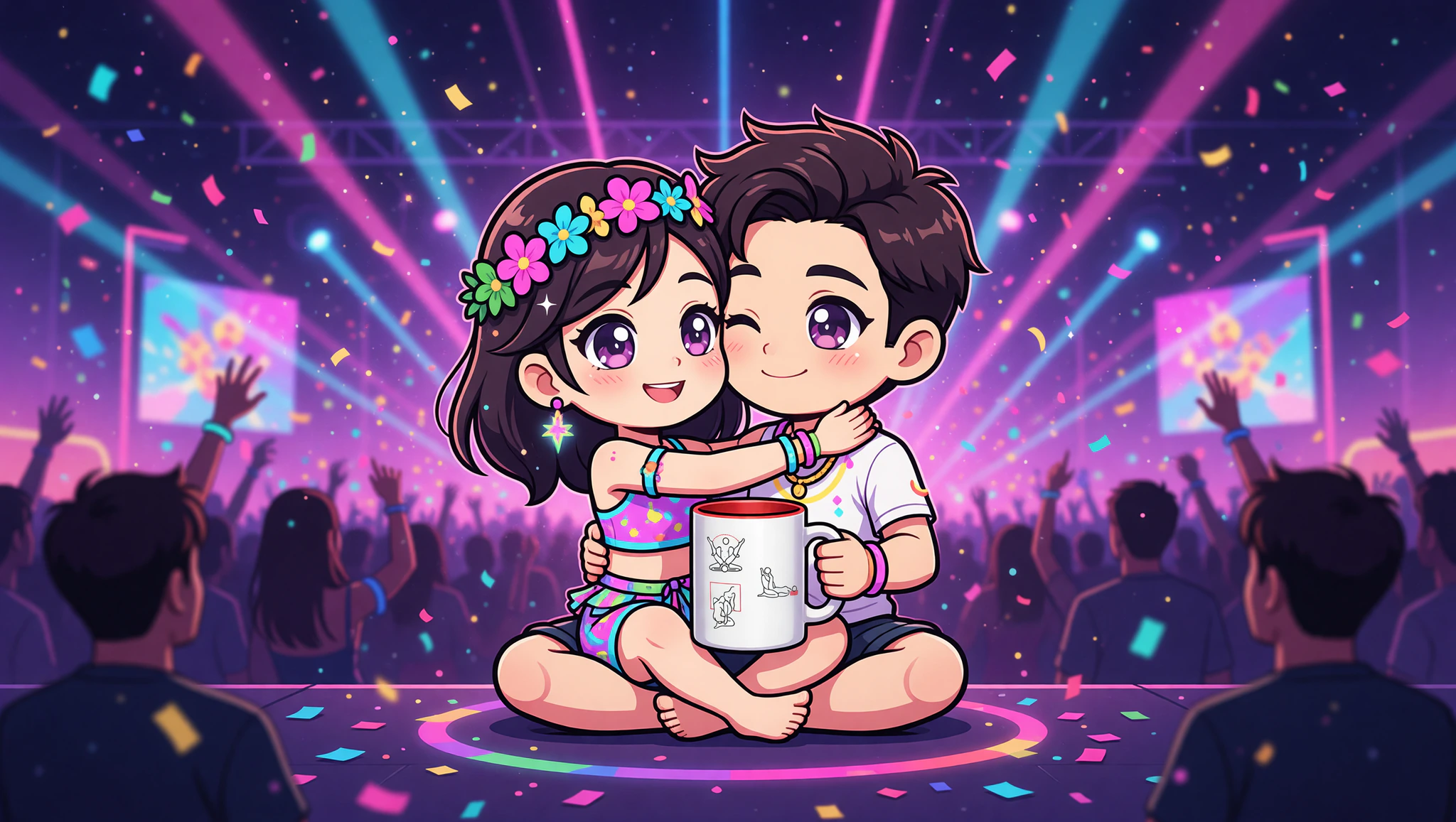 A man and woman couple sharing a festival Kama Sutra lotus thrill under glowing lights.