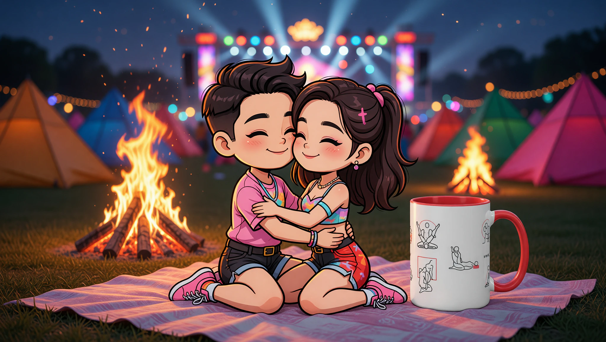 A man and woman couple sharing a passionate Kama Sutra embrace by a festival bonfire under starry skies.