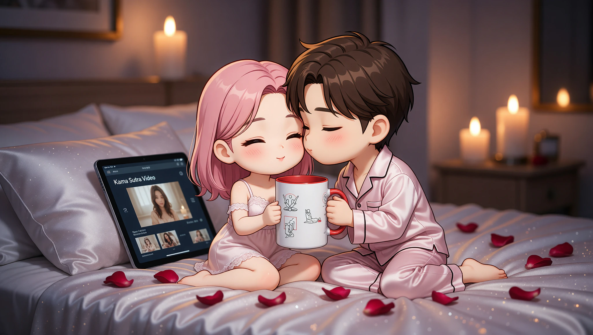 A heterosexual couple intimately watching a Kama Sutra video together on their anniversary night.