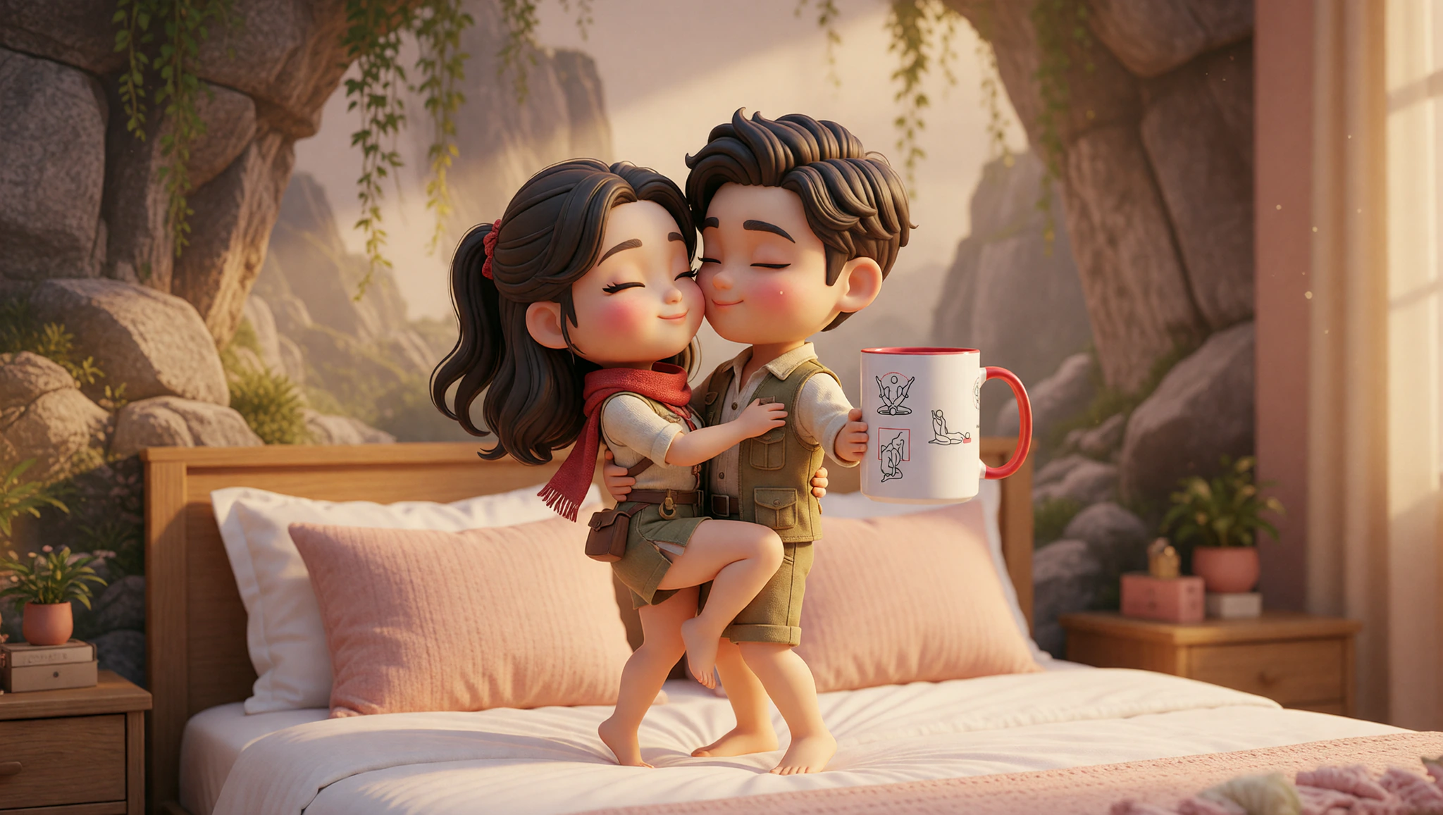 Adventurous man and woman couple captured mid-thrust in a standing Kama Sutra cliffhanger pose for their intimate video rushes.