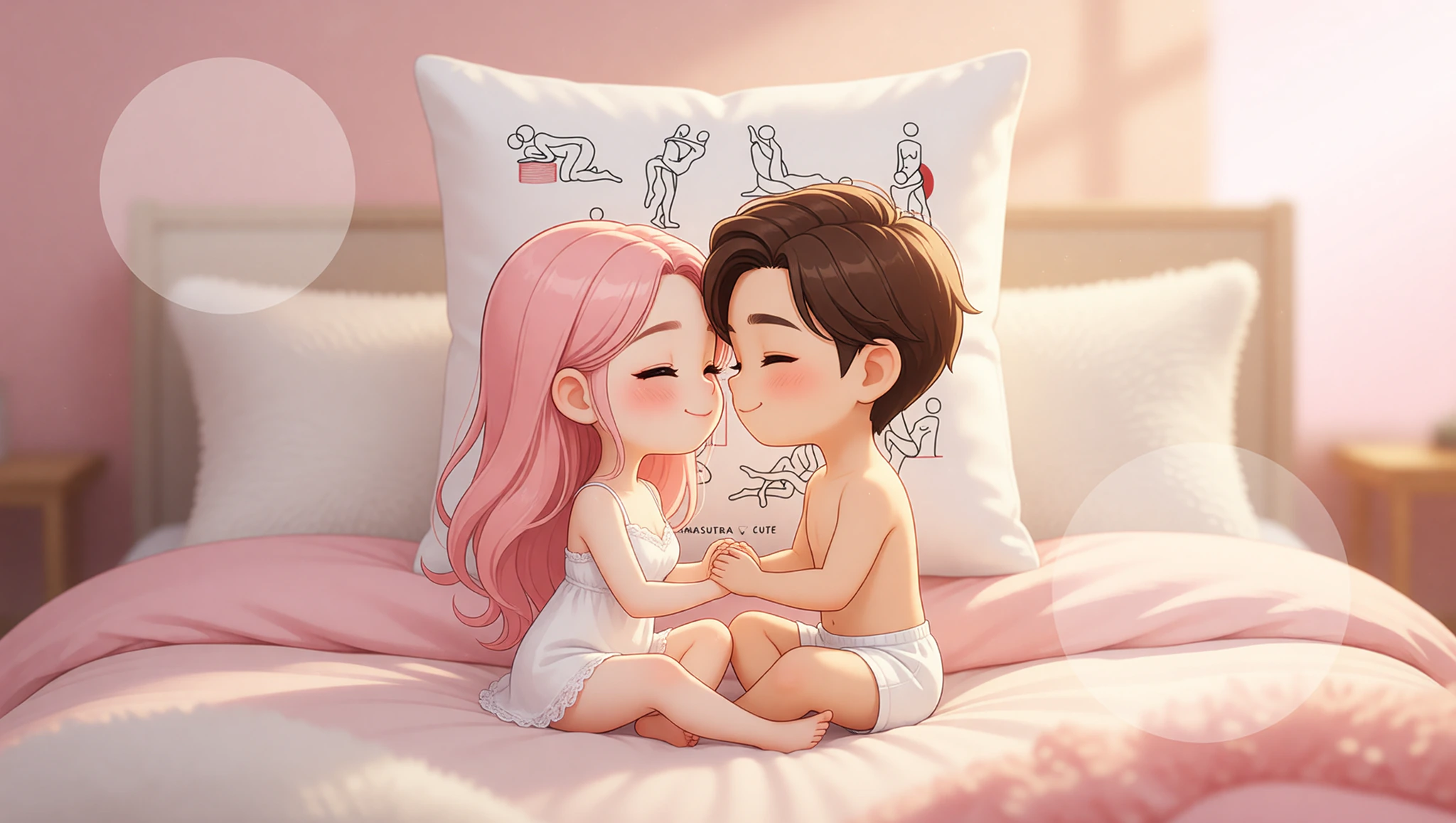 A heterosexual couple intimately connected in the Lotus Embrace Kama Sutra position on a bed surrounded by supportive pillows.