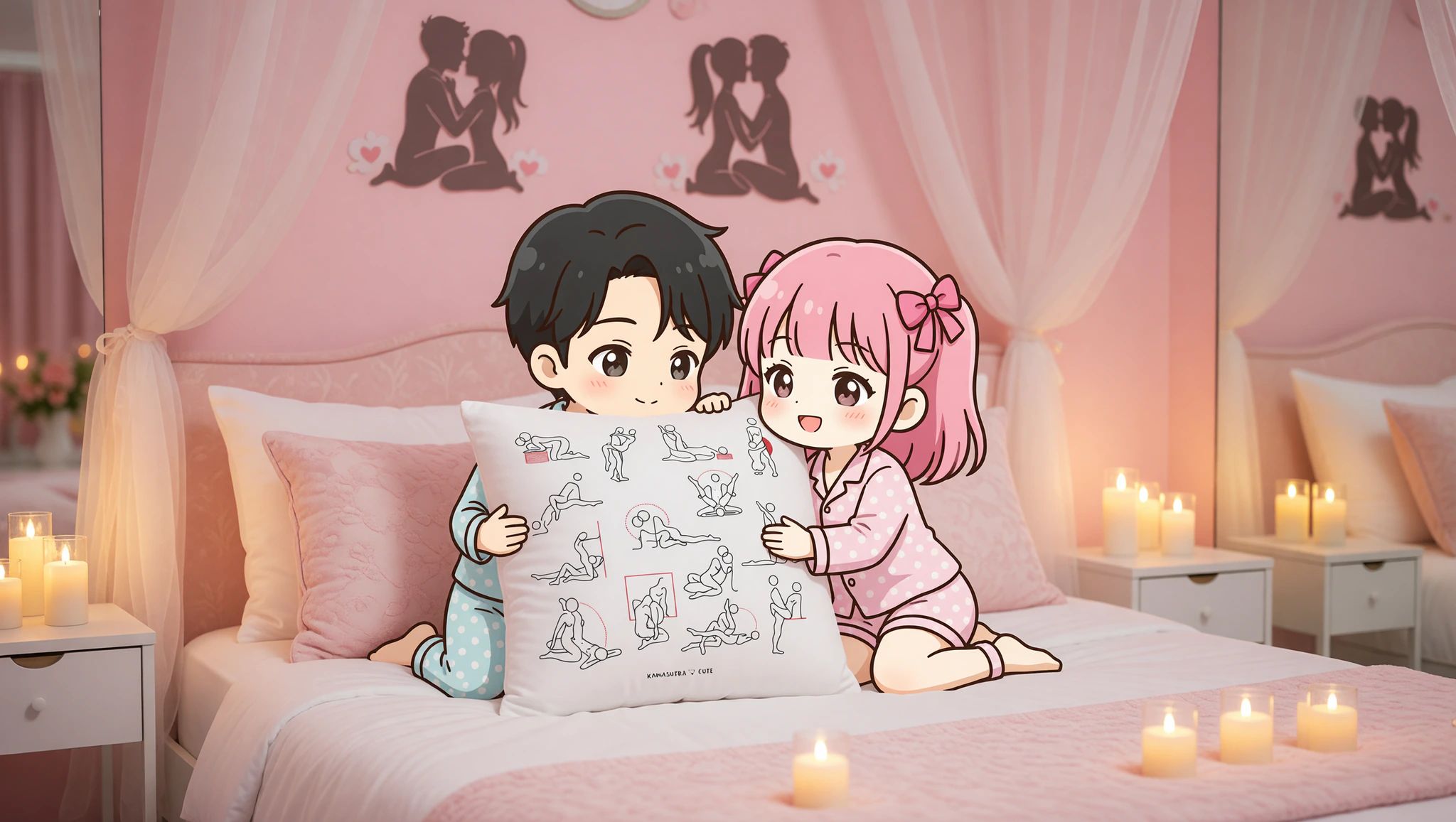 Cozy bedroom transformed with Kama Sutra decor including cute pillows and sensual accents for a passionate couple's retreat.