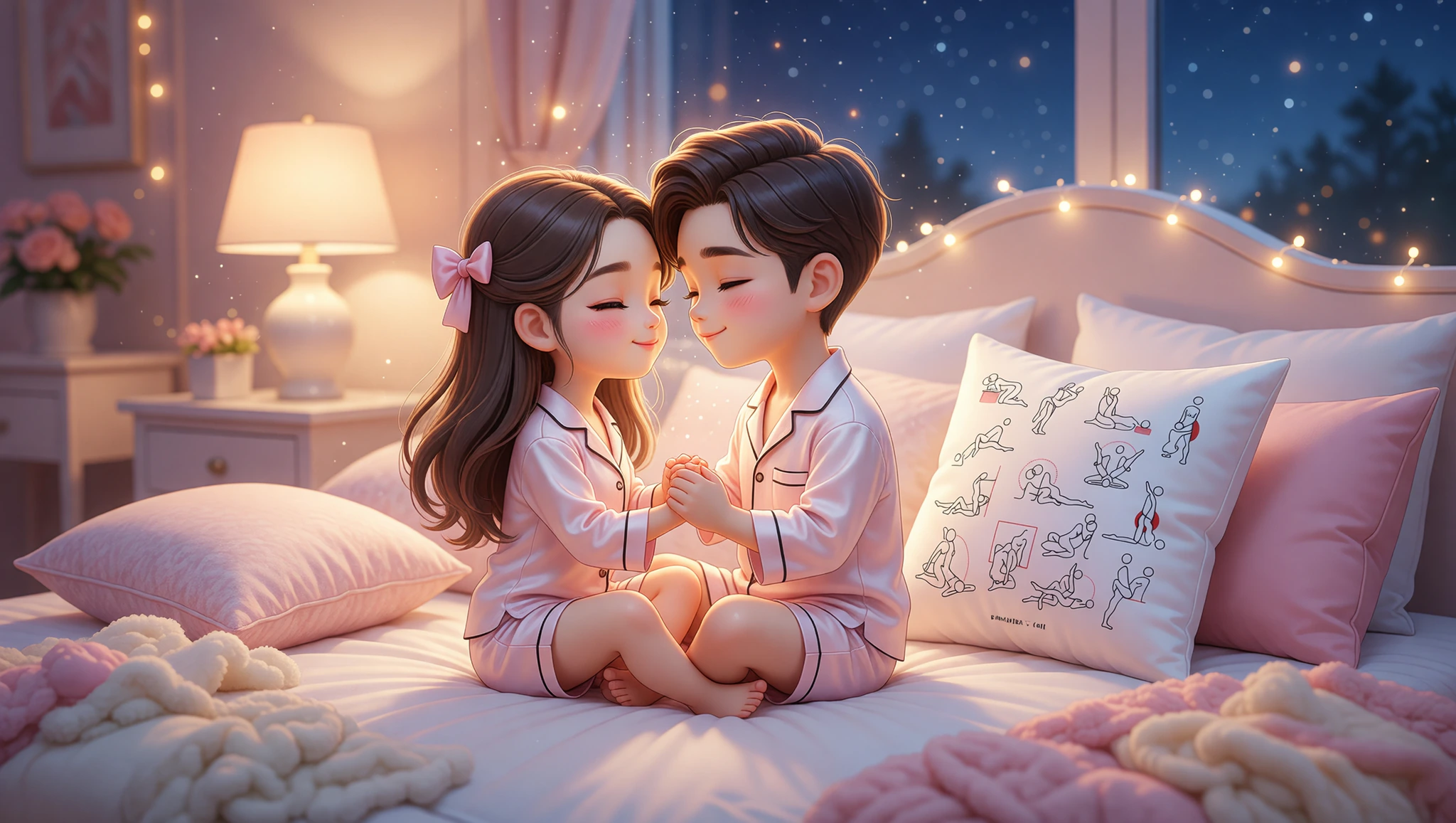 A man and woman couple sharing a glowing Lotus Embrace pose in a cozy bedroom.