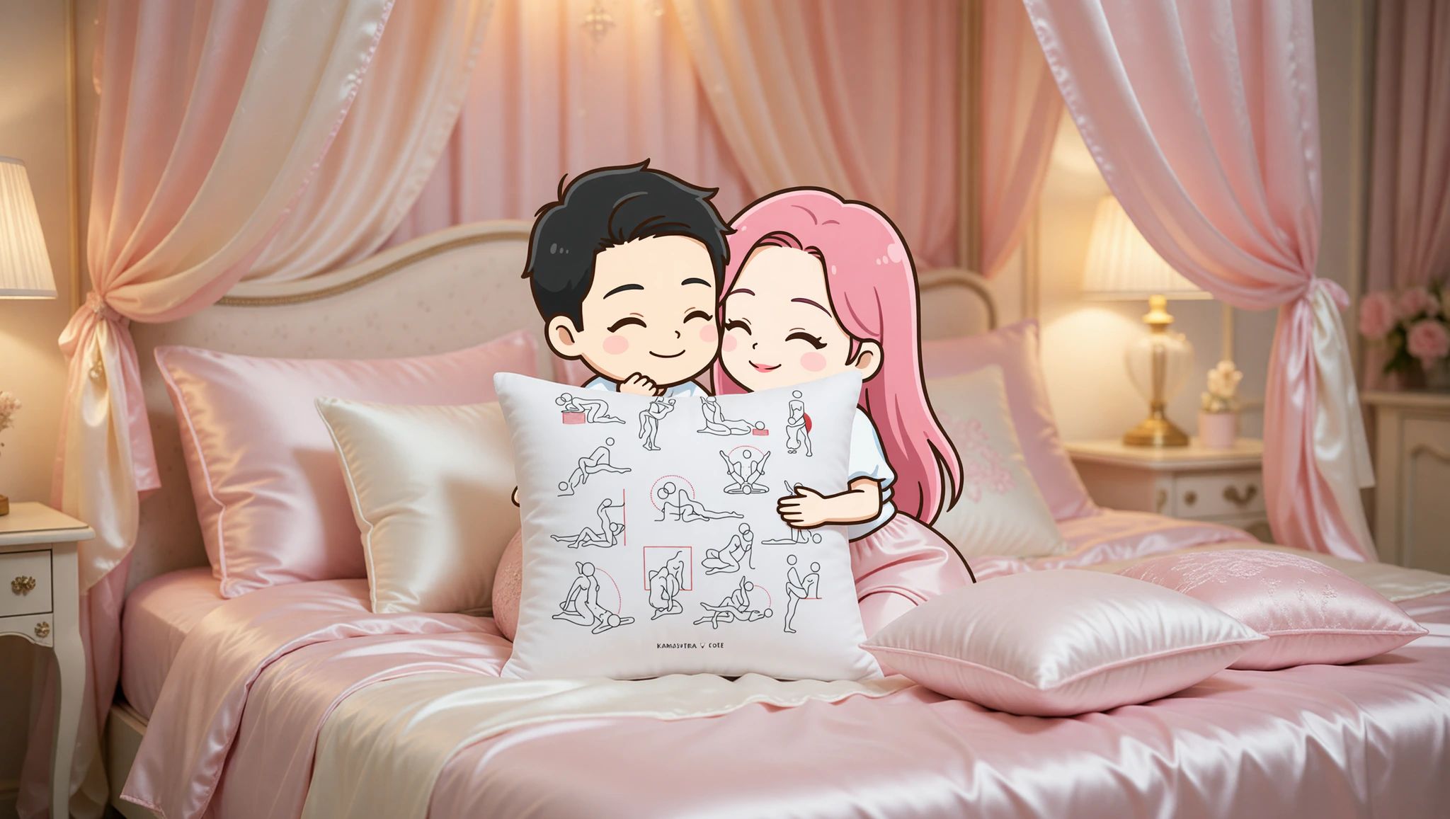 Pareja heterosexual en posición Loto del Kamasutra sobre sábanas de seda en un dormitorio coqueto con almohadas decorativas.