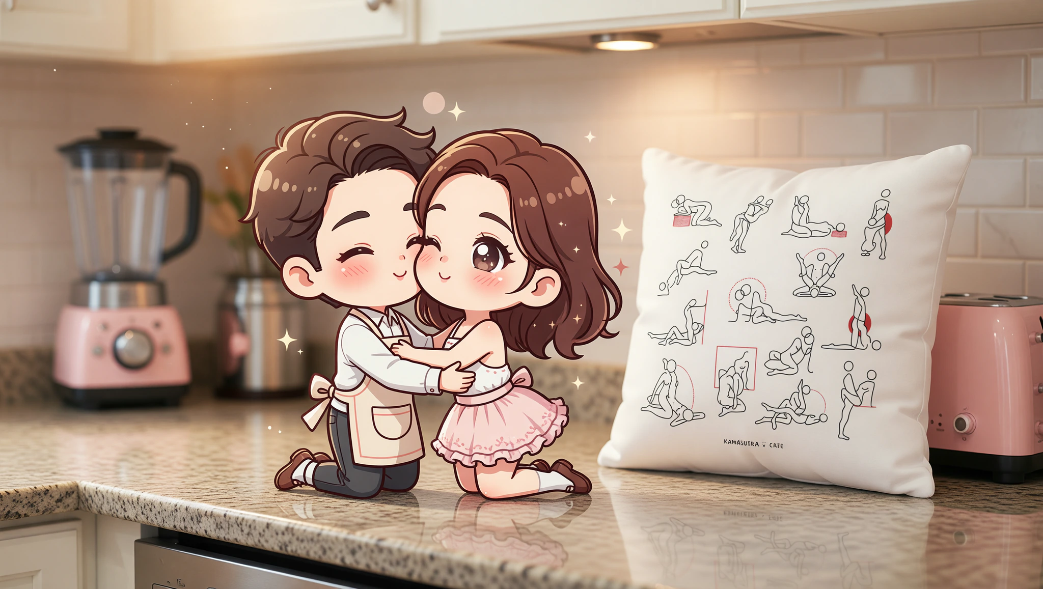 Pareja hombre y mujer en pose apasionada del Kamasutra sobre la encimera de una cocina moderna.