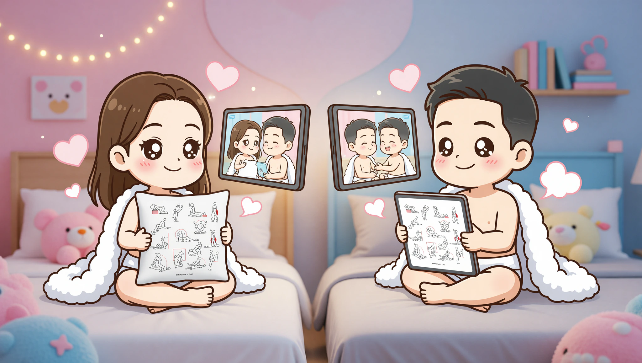 Long distance couple mirrors lotus pose on video call from home beds.