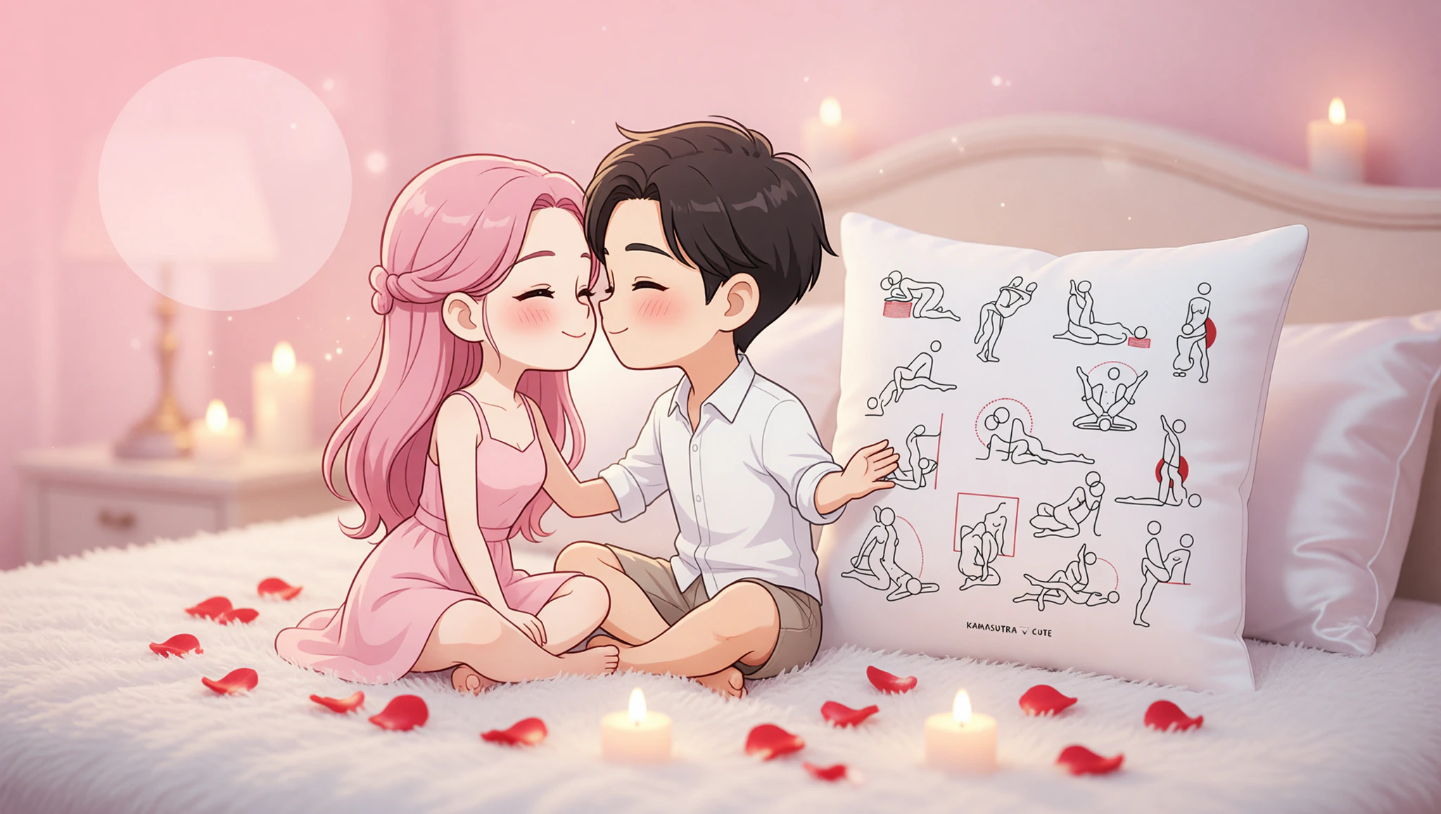 Pareja heterosexual celebrando aniversario en posición del Loto del Kamasutra, abrazados con pasión y miradas intensas.