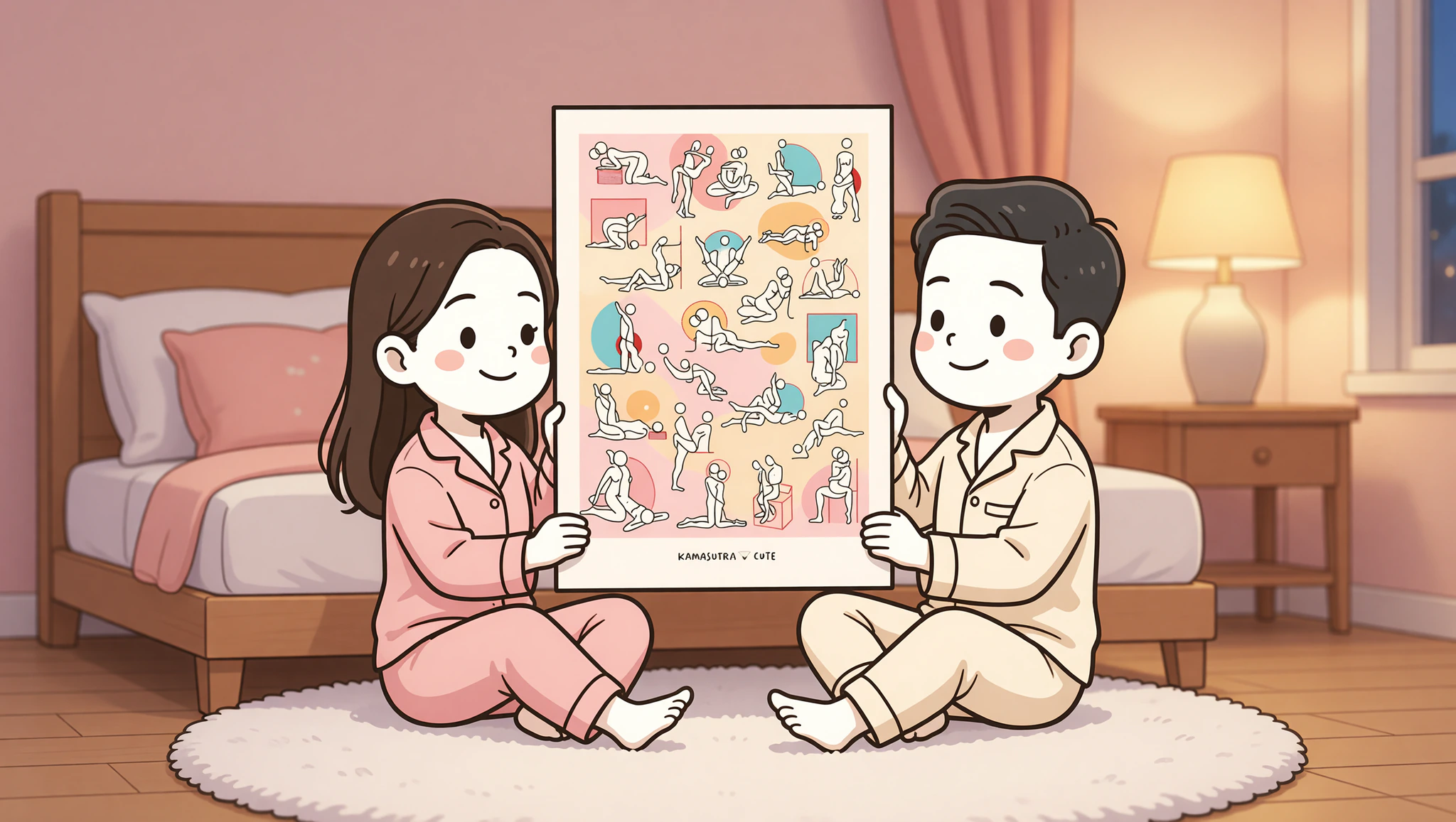 Couple looking at Kamasutra Cute Poster in bedroom