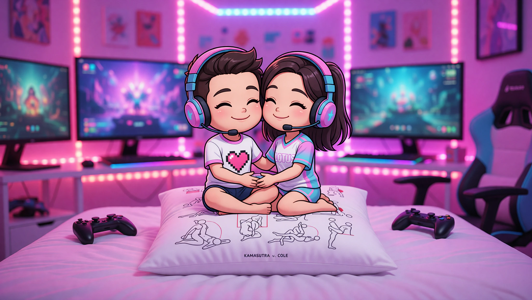 Gamer couple in a techy bedroom passionately exploring a Kamasutra position surrounded by gaming accessories.