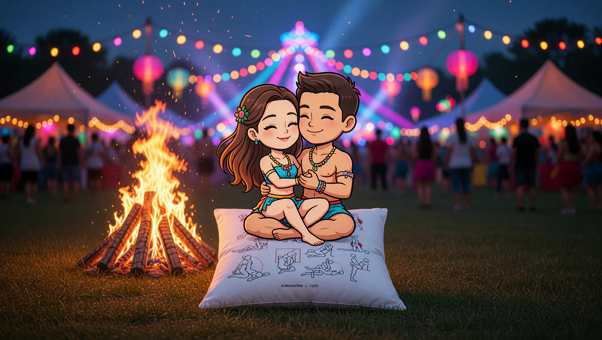 Pareja hombre y mujer en pose Loto del Kamasutra dentro de tienda de festival, bajo estrellas, conexión apasionada y ardiente.