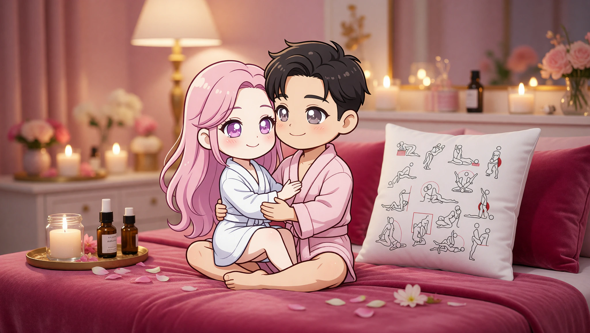 A loving couple relaxes in a Serene Lotus Embrace position amid a luxurious home spa setting.