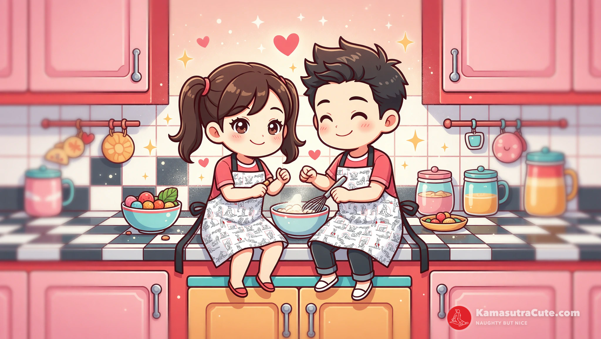 Couple flirty kitchen counter date with Kamasutra Cute Apron and treats