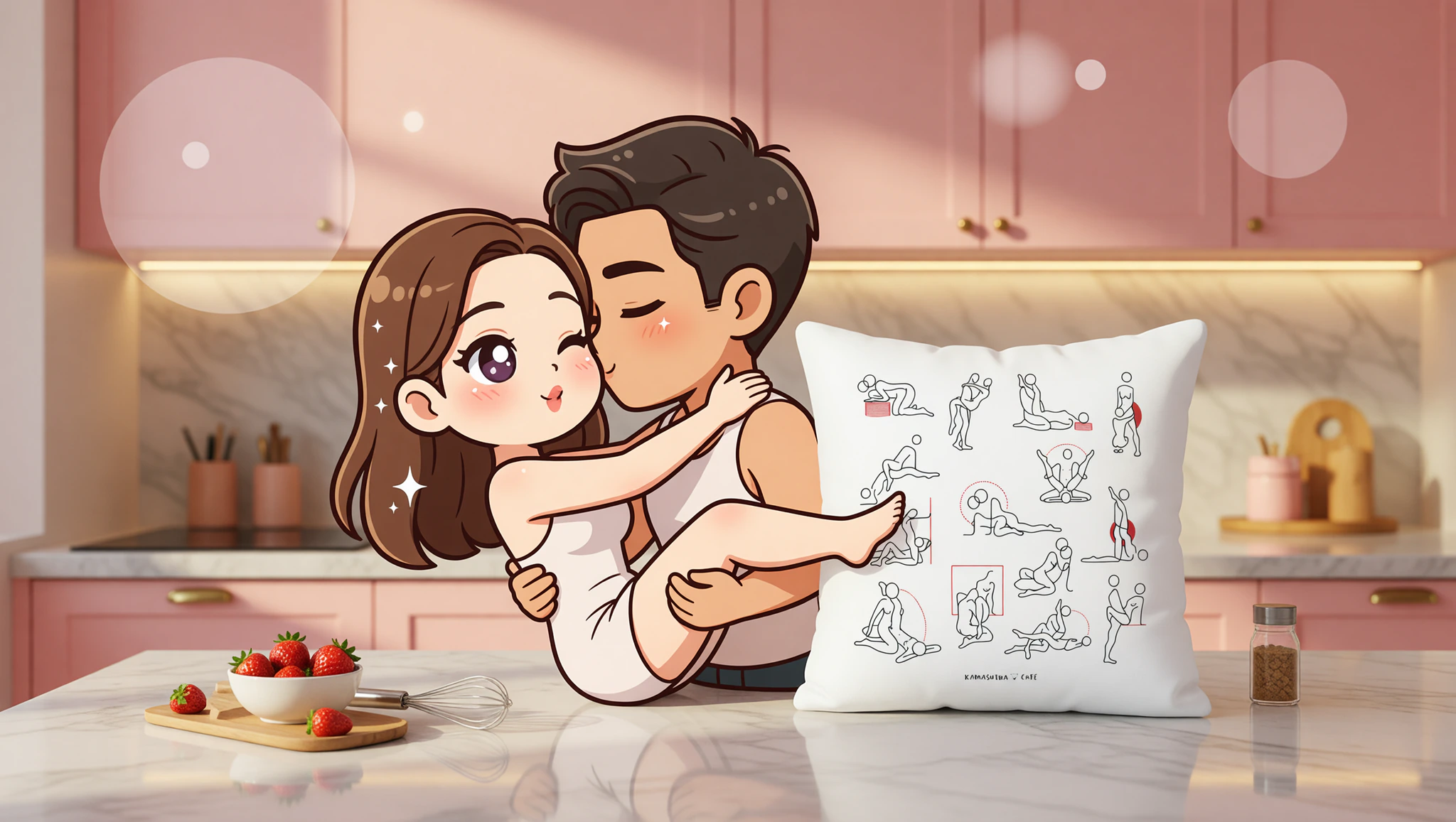 A flirty couple locked in a steamy countertop position amid a cozy kitchen setting.